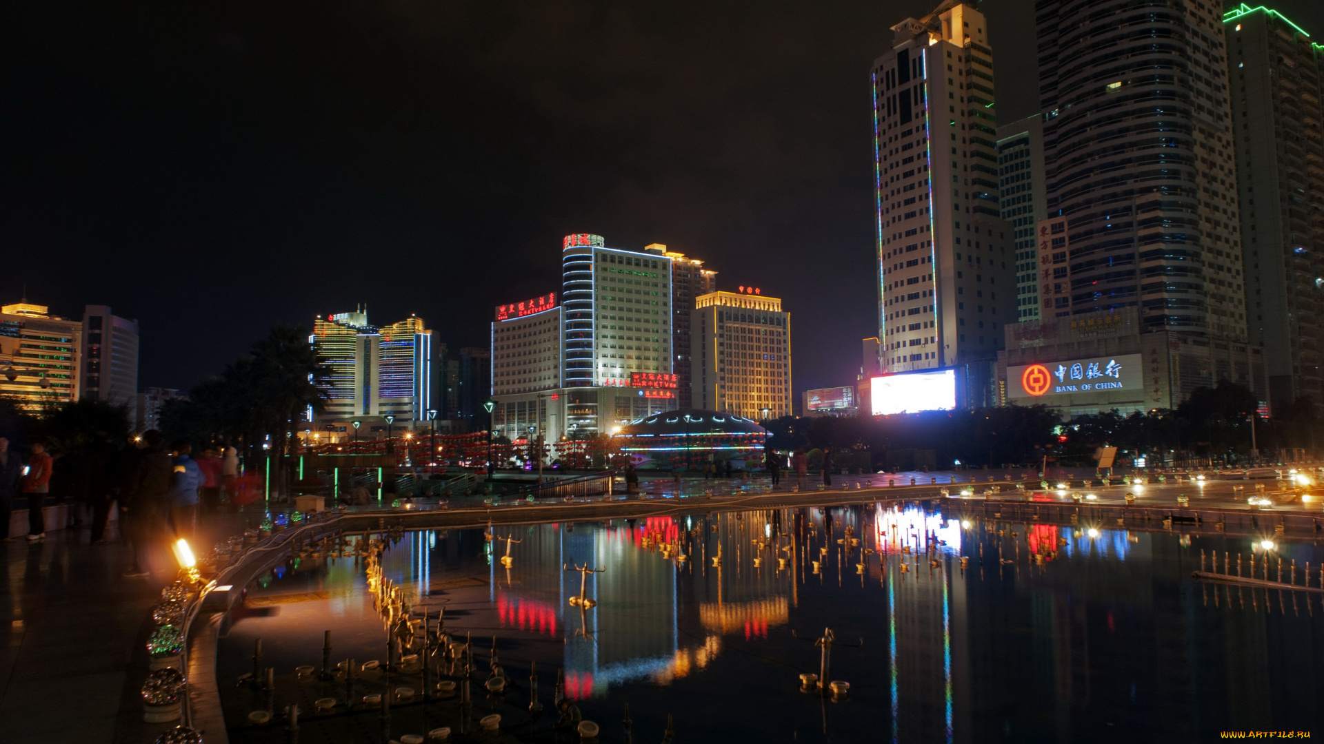 nanning, cina, города, огни, ночного, ночь, набережная, река, дома