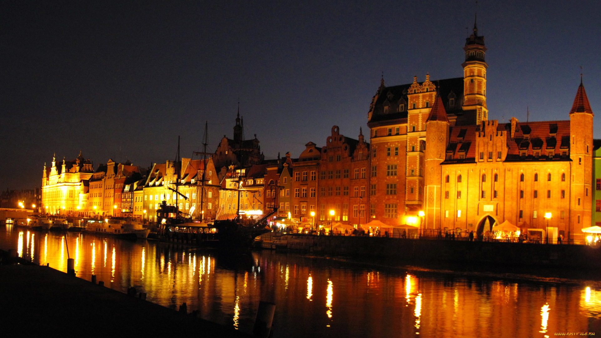 польша, гданьск, города, дома, огни, ночь, река