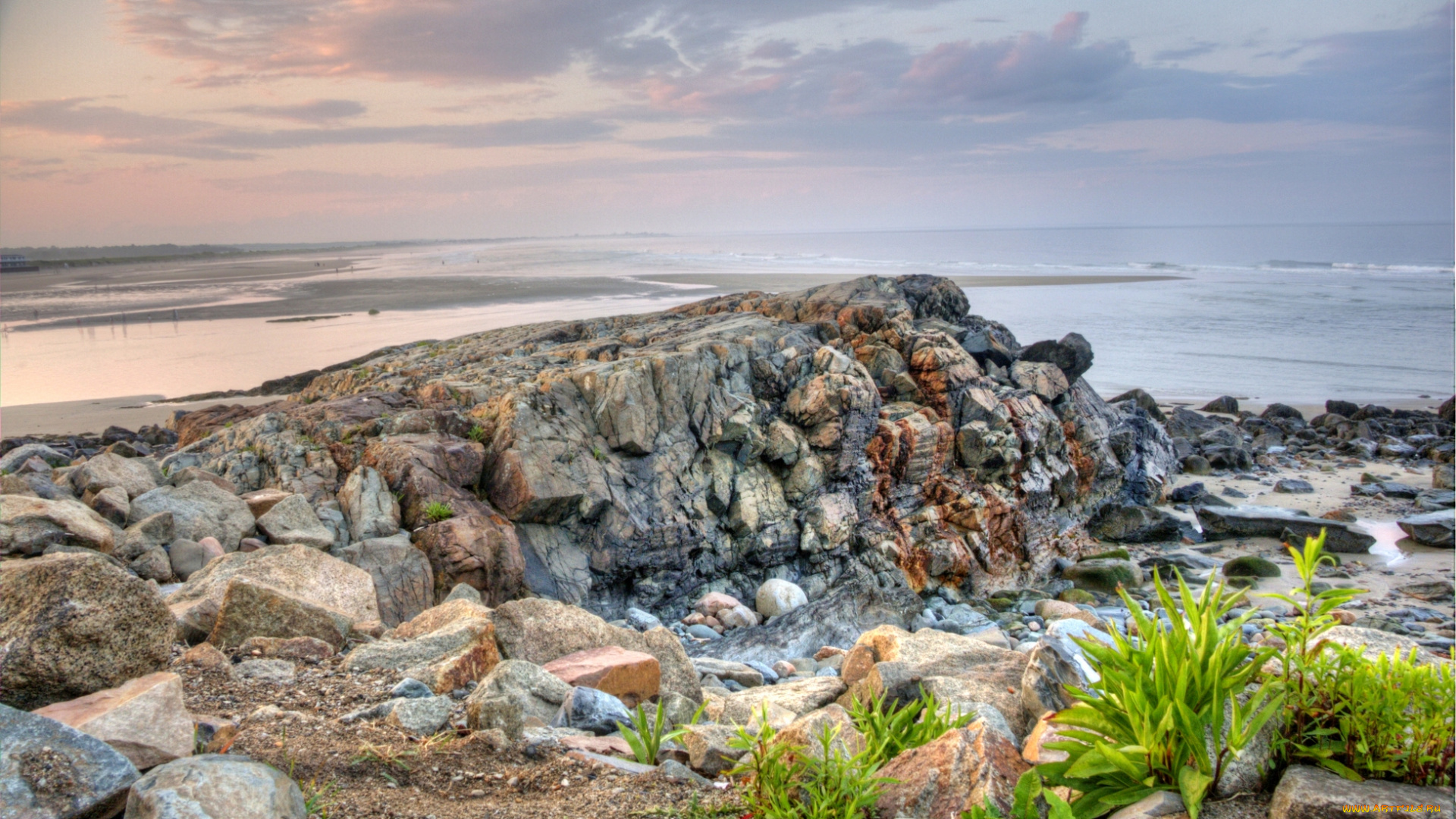 природа, побережье, океан, берег, камни, горизонт, тучи