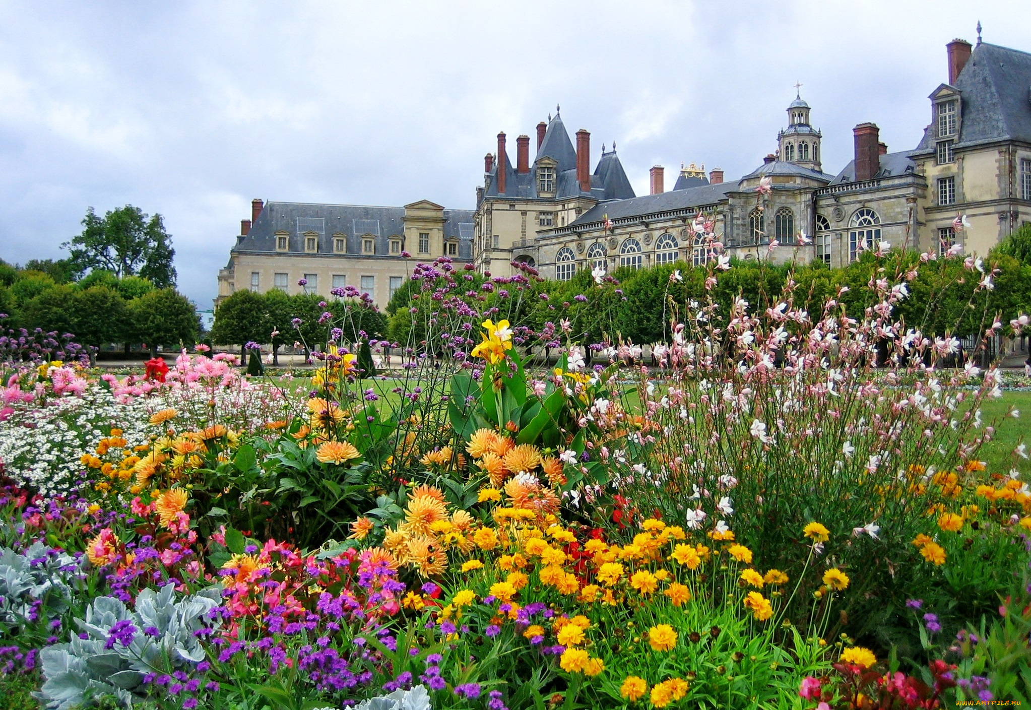 франция, иль, де, франс, фонтенбло, города, дворцы, замки, крепости, дворцовый, комплекс, цветы, клумба, парк