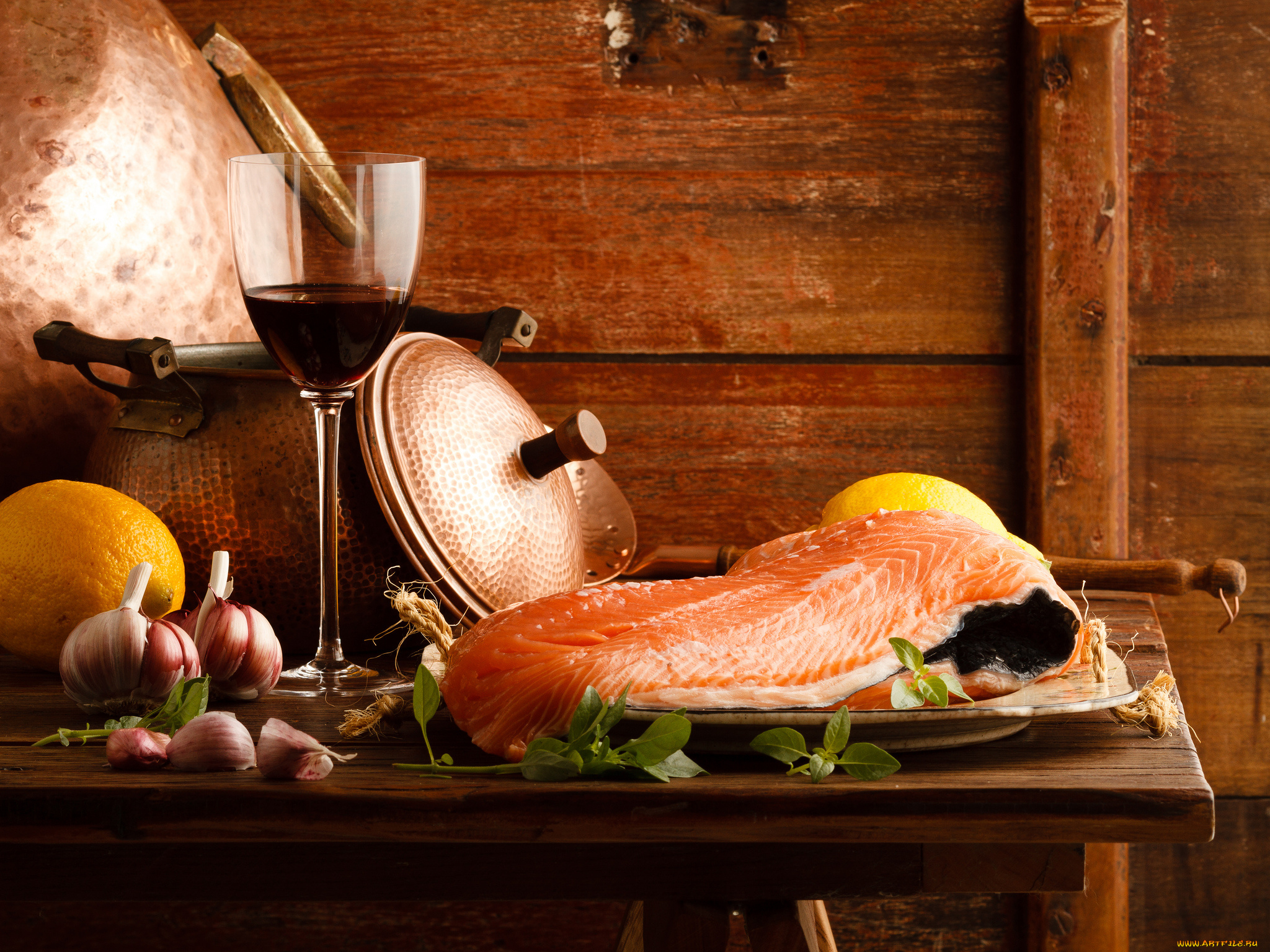 еда, натюрморт, лимон, чеснок, лосось