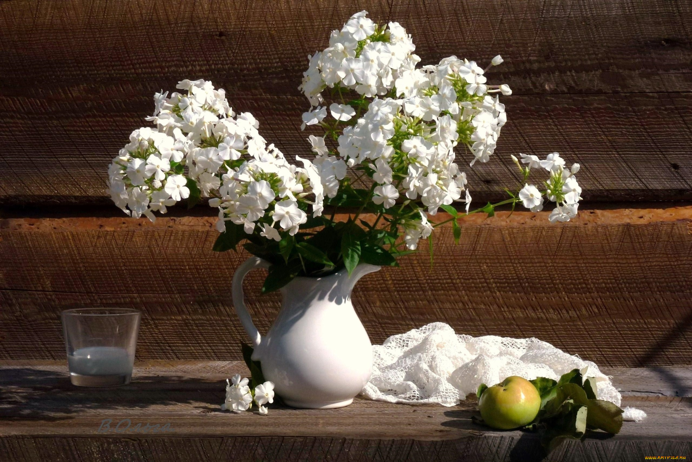 цветы, флоксы, яблоко, букет