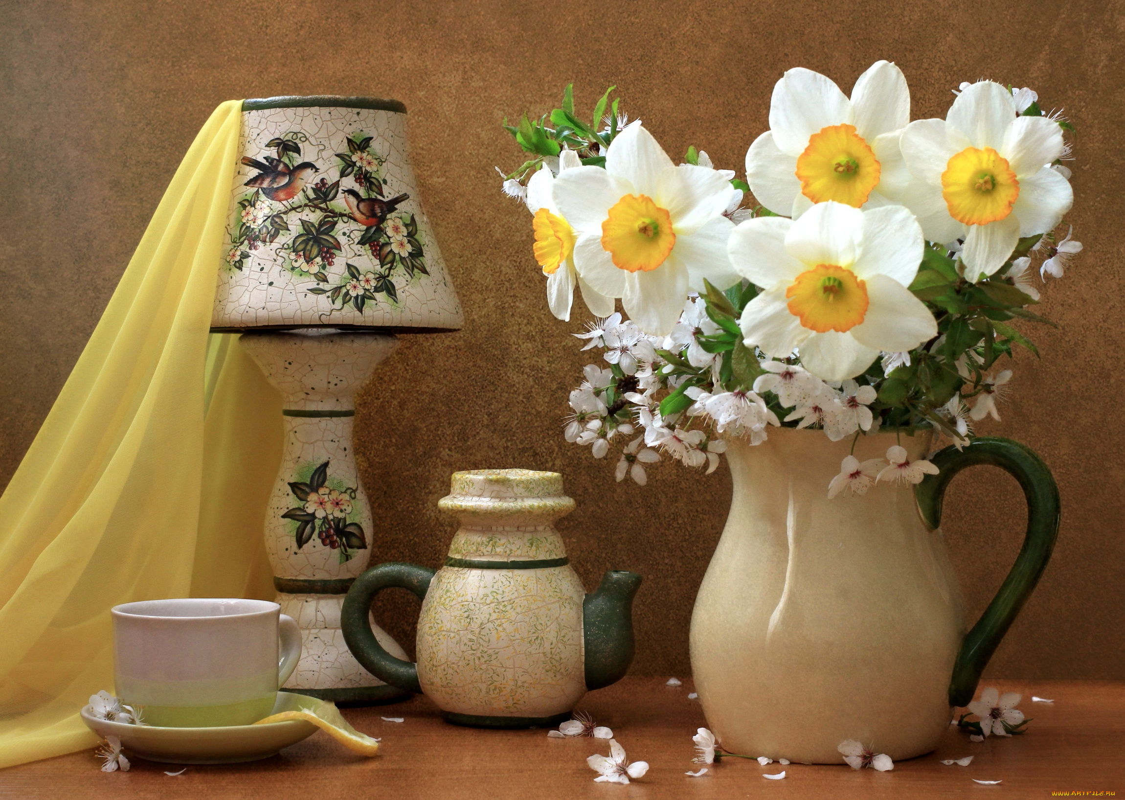 цветы, букеты, композиции, нарциссы, лампа, вишня