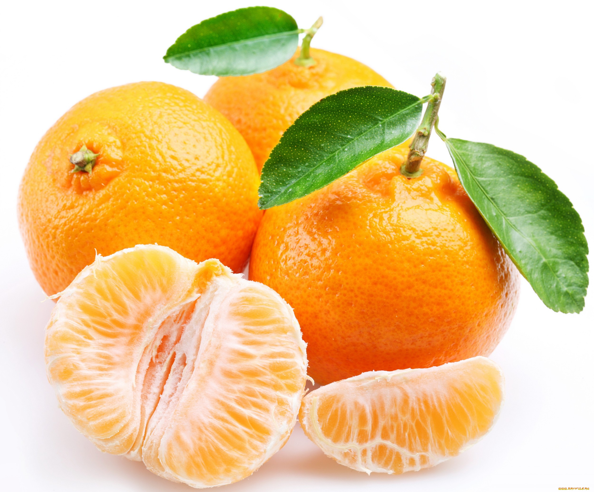 еда, цитрусы, мандарины, дольки, листья