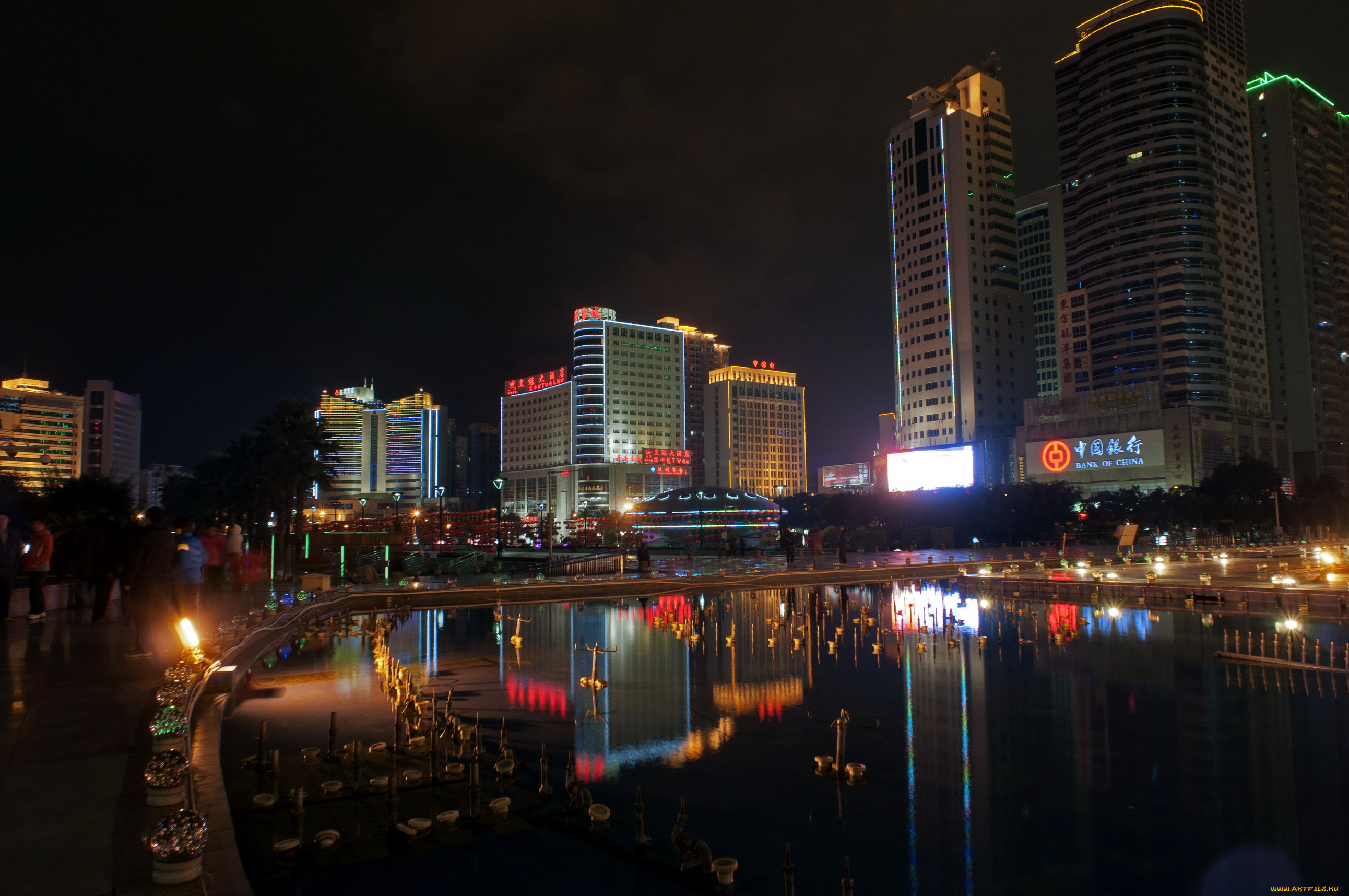 nanning, cina, города, огни, ночного, ночь, набережная, река, дома