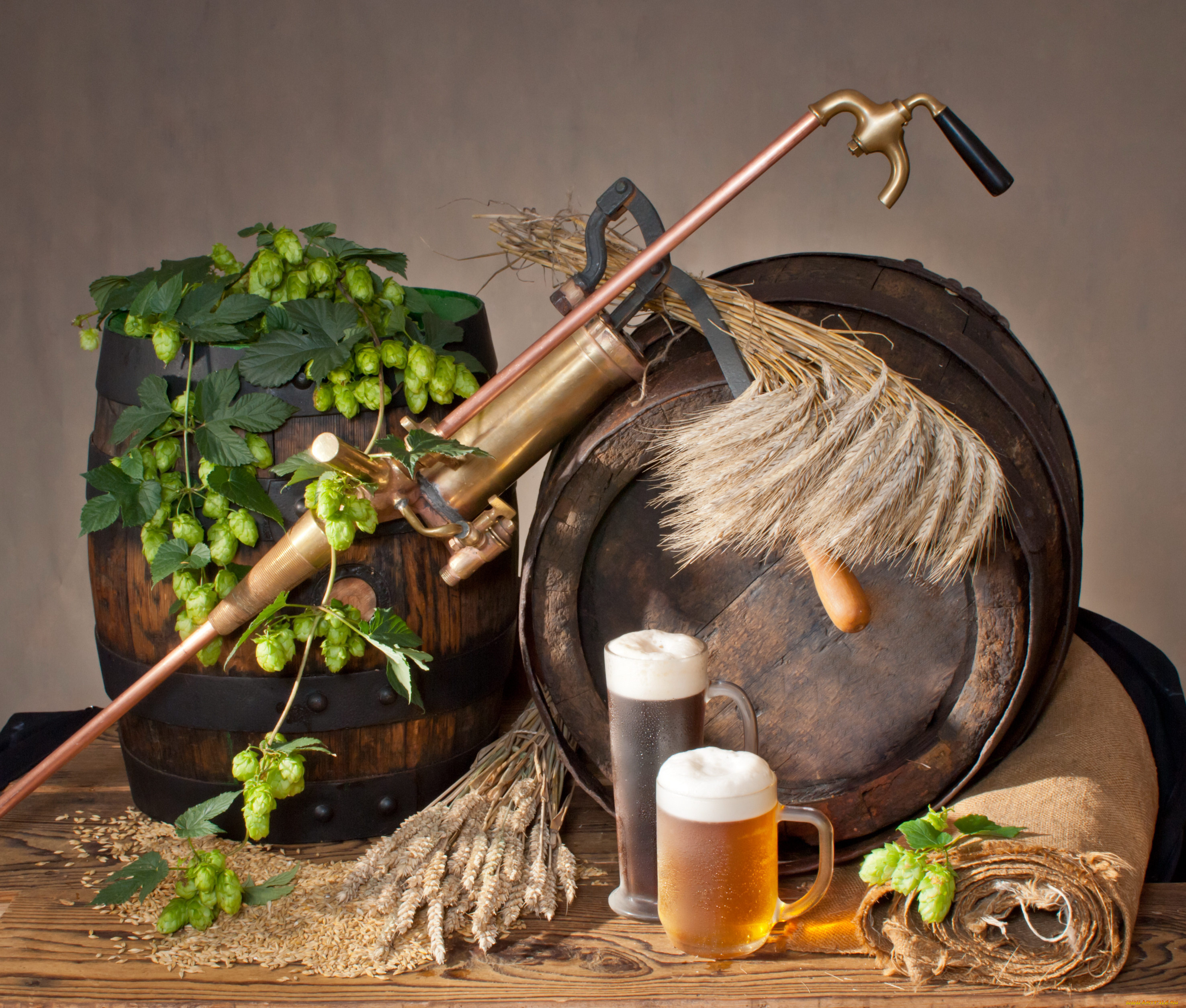 еда, напитки, пиво, кран, колосья, кружки, хмель, бочки