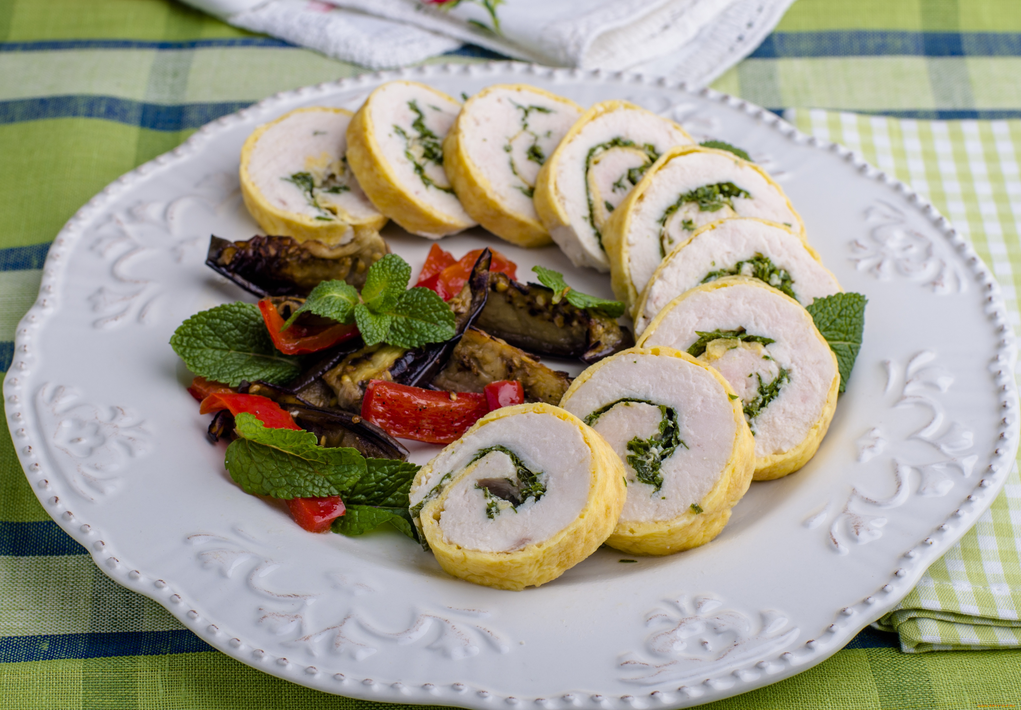 еда, мясные, блюда, овощи, куриный, рулет