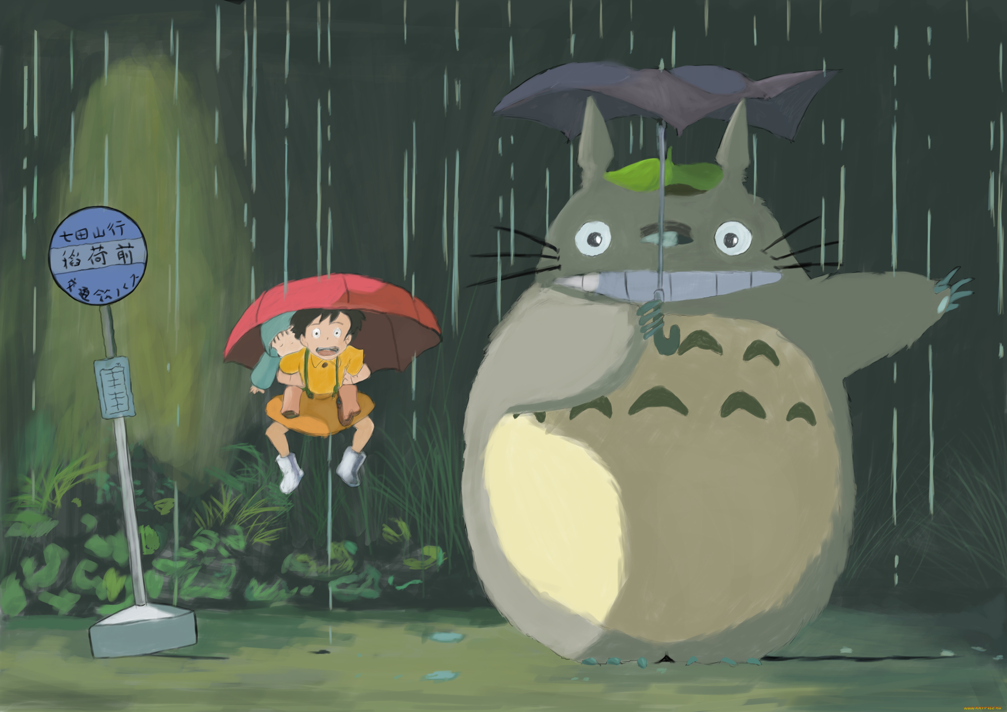 tonari, no, totoro, аниме, *unknown, другое, остановка, дождь, зонты