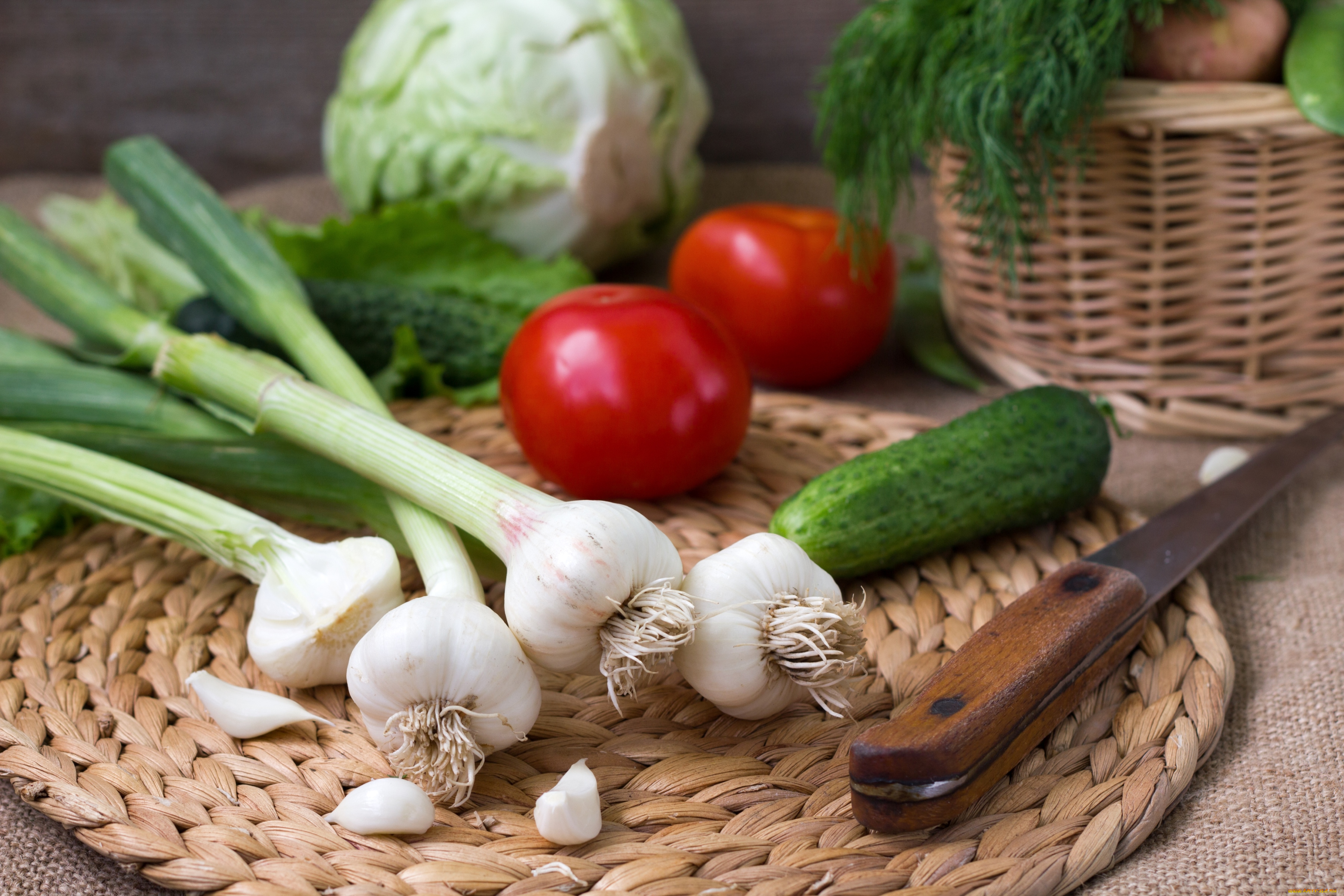 еда, овощи, огурцы, чеснок, укроп, капуста, помидоры