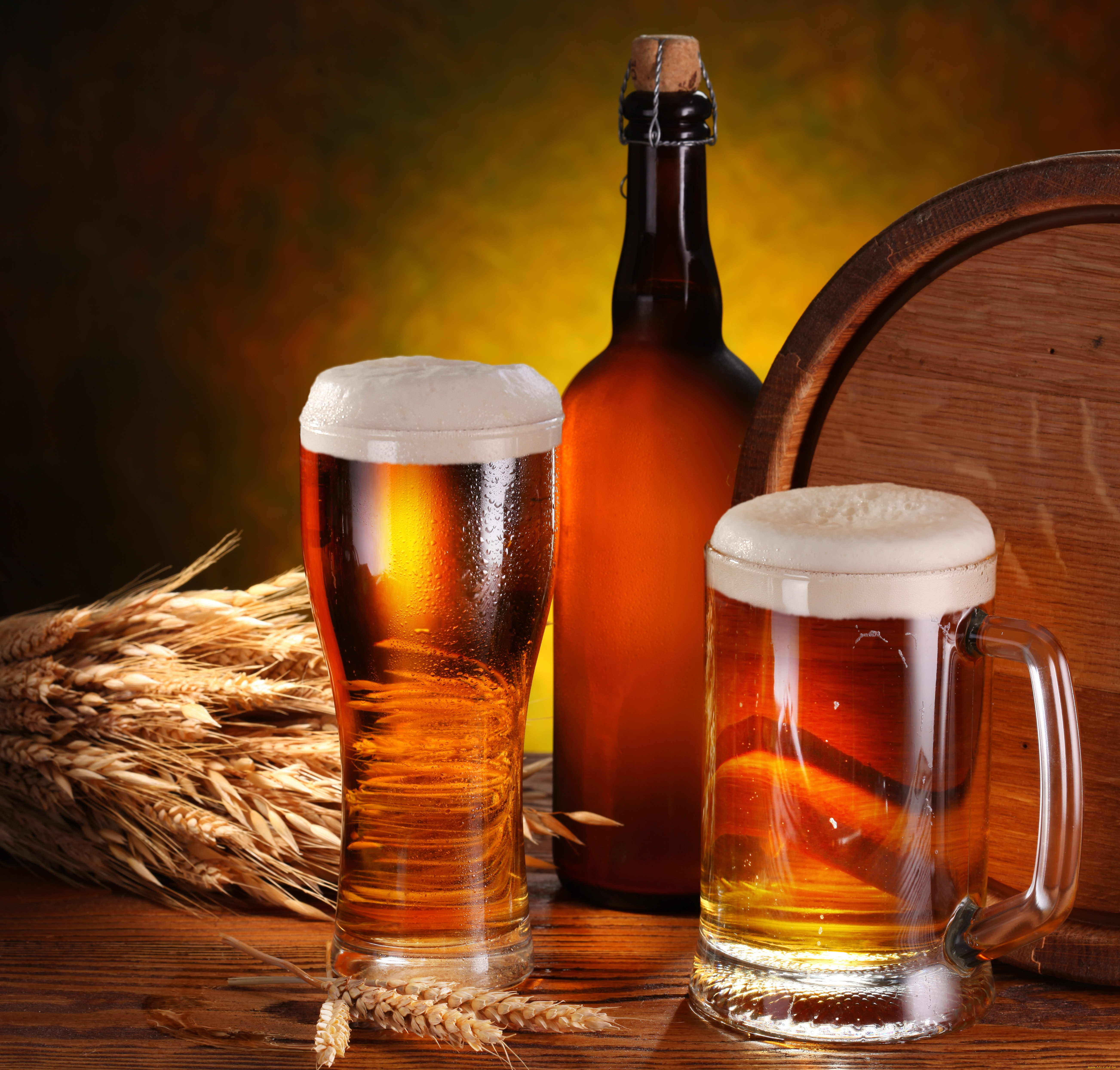 еда, напитки, пиво, бочка, бутылка, кружка, бокал, пена, колосья