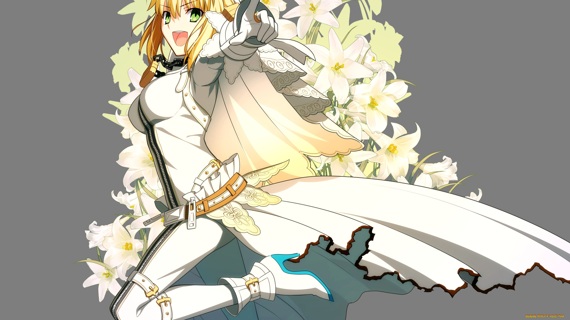 аниме, fate, stay, night, девушка, блондинка, цветы, серый, фон