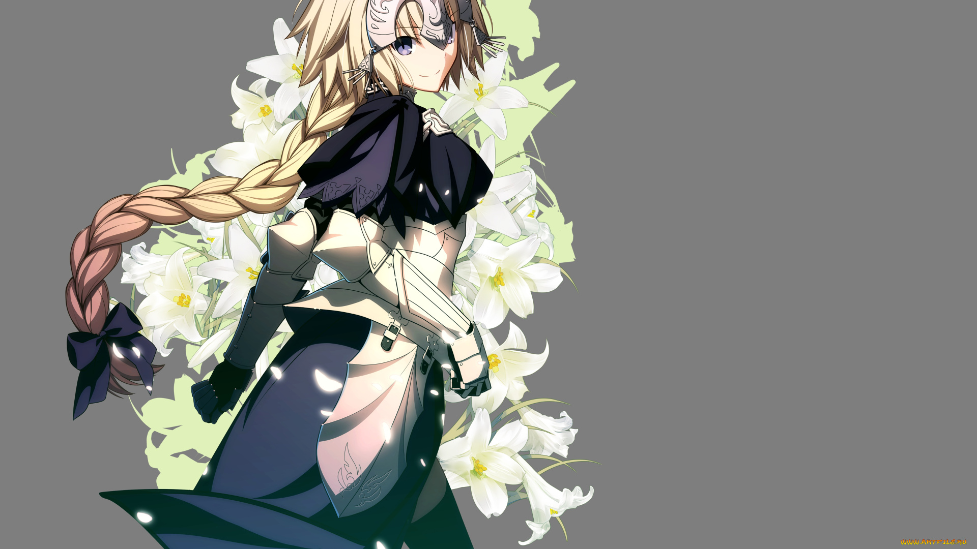 аниме, fate, stay, night, девушка, русая, коса, доспехи, цветы, серый, фон