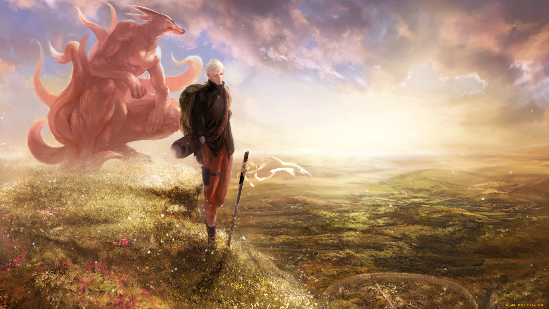 аниме, naruto, art, рассвет, катана, kyuubi, трава, uzumaki, курама