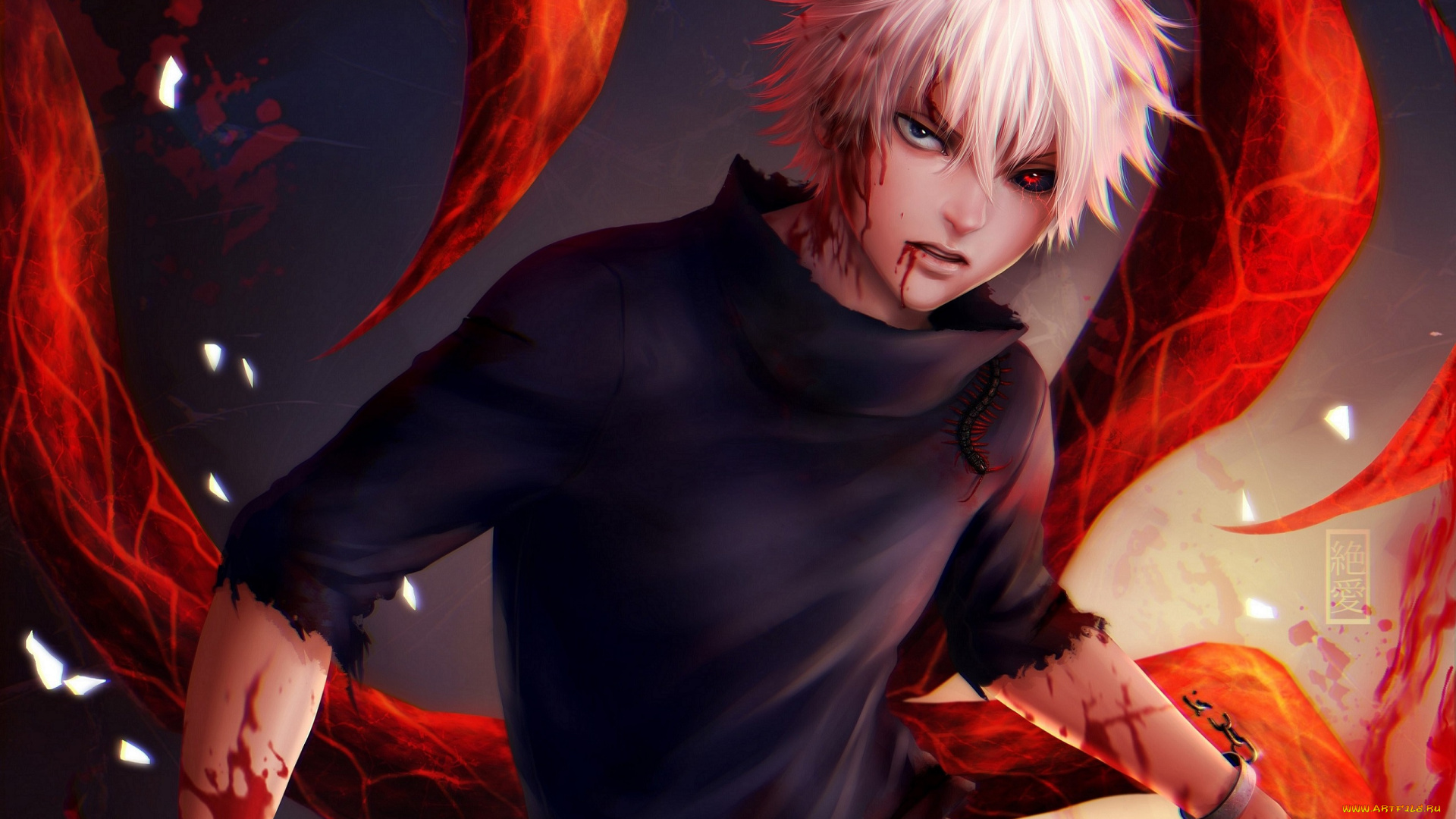 аниме, tokyo, ghoul, коготь, kaneki, ken, tokyo, ghoul, сороконожка, кровь, наручники, глаз, парень, взгляд, zetsuai89, art