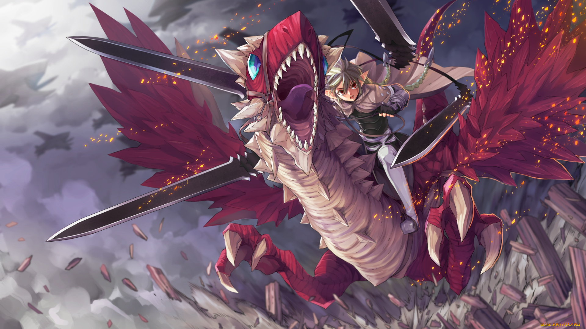 аниме, ubel, blatt, оружие, мечи, полет, парень, дракон, koinzell, ubel, blatt, арт