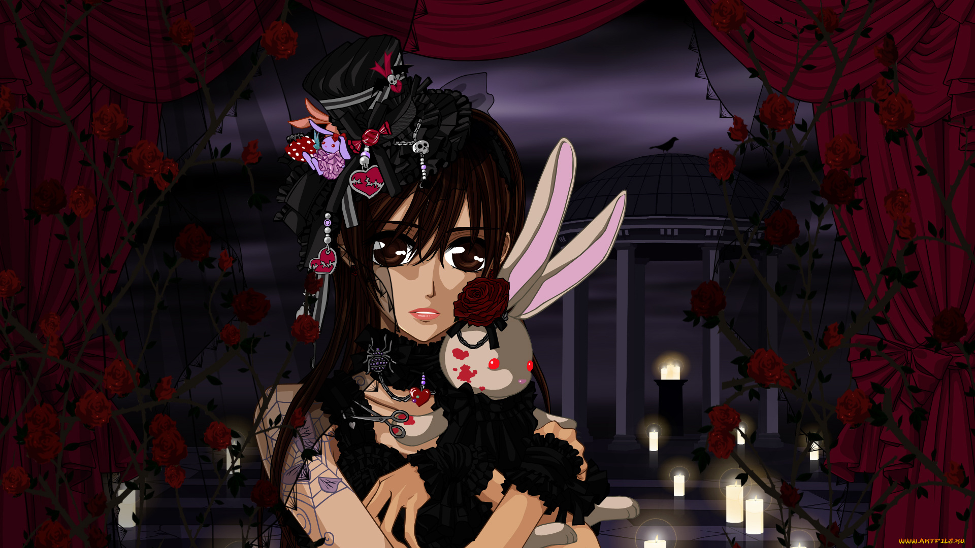 аниме, vampire, knight, cilou, yuuki, cross, девушка, кролик, игрушки, паутина, шляпка, шторы, розы, ветки, свечи, беседка, ворон