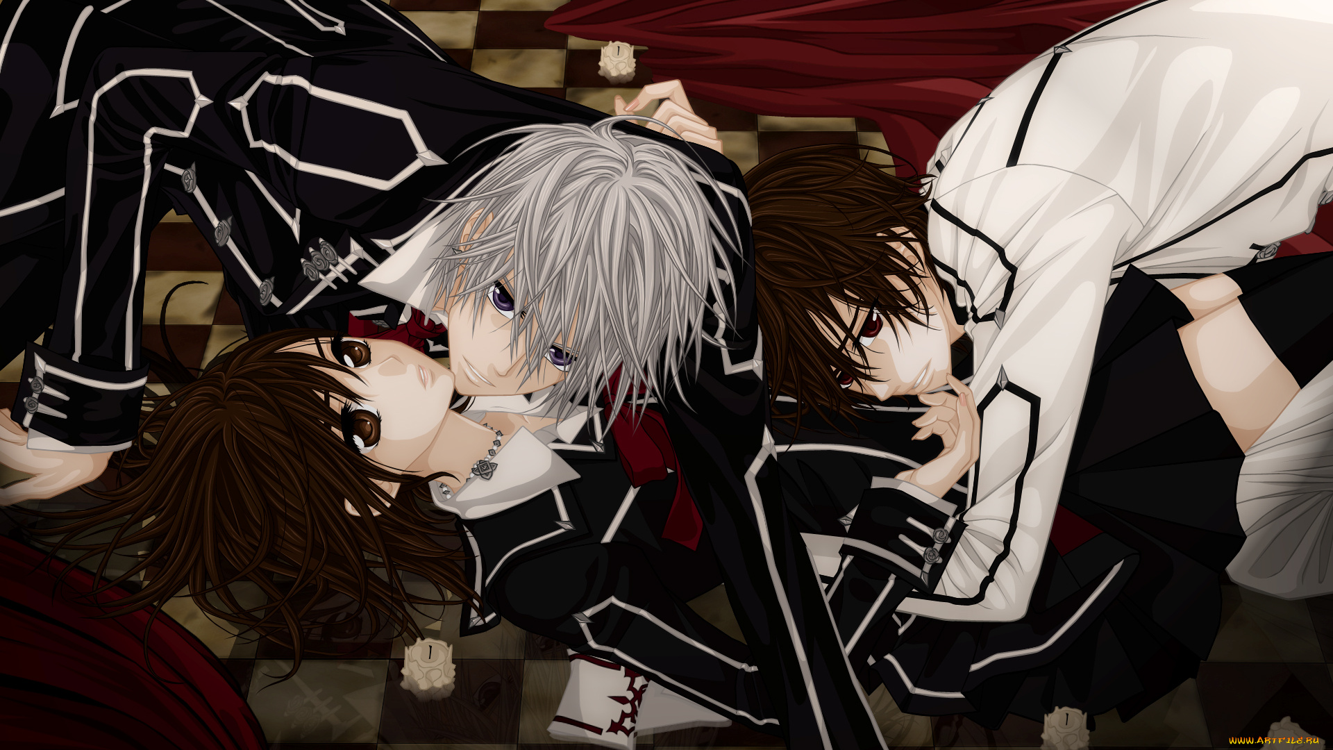 аниме, vampire, knight, cilou, yuuki, cross, kiryu, zero, kuran, kaname, девушка, мужчины, свечи, клетчатый, пол