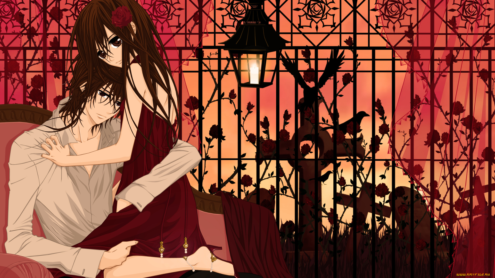 аниме, vampire, knight, cilou, yuuki, cross, kuran, kaname, девушка, мужчина, кресло, фонарь, решетка, розы, крест, ворон, птицы, надгробие, занавески
