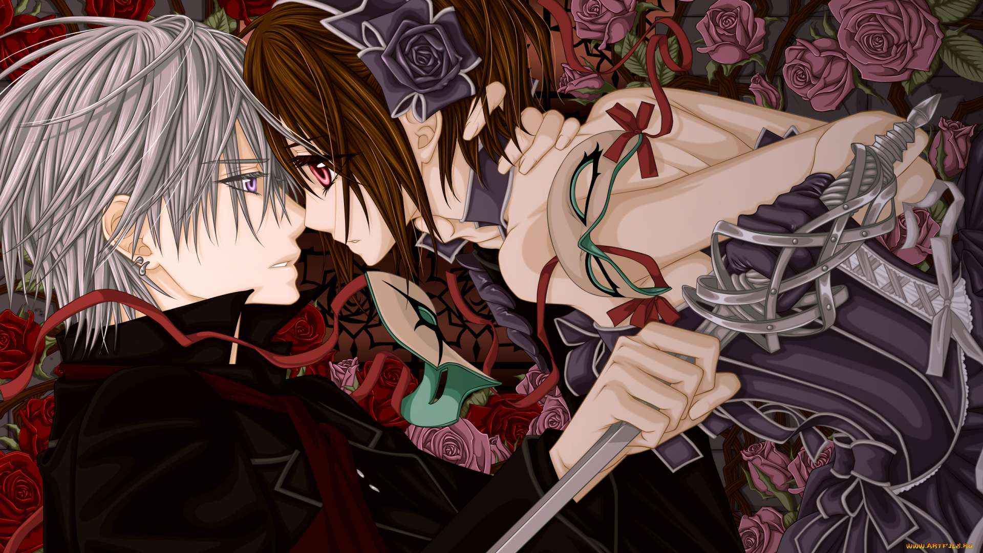 аниме, vampire, knight, cilou, yuuki, cross, kiryu, zero, девушка, мужчина, шпага, розы, маска, ленты, бант, платье, костюм