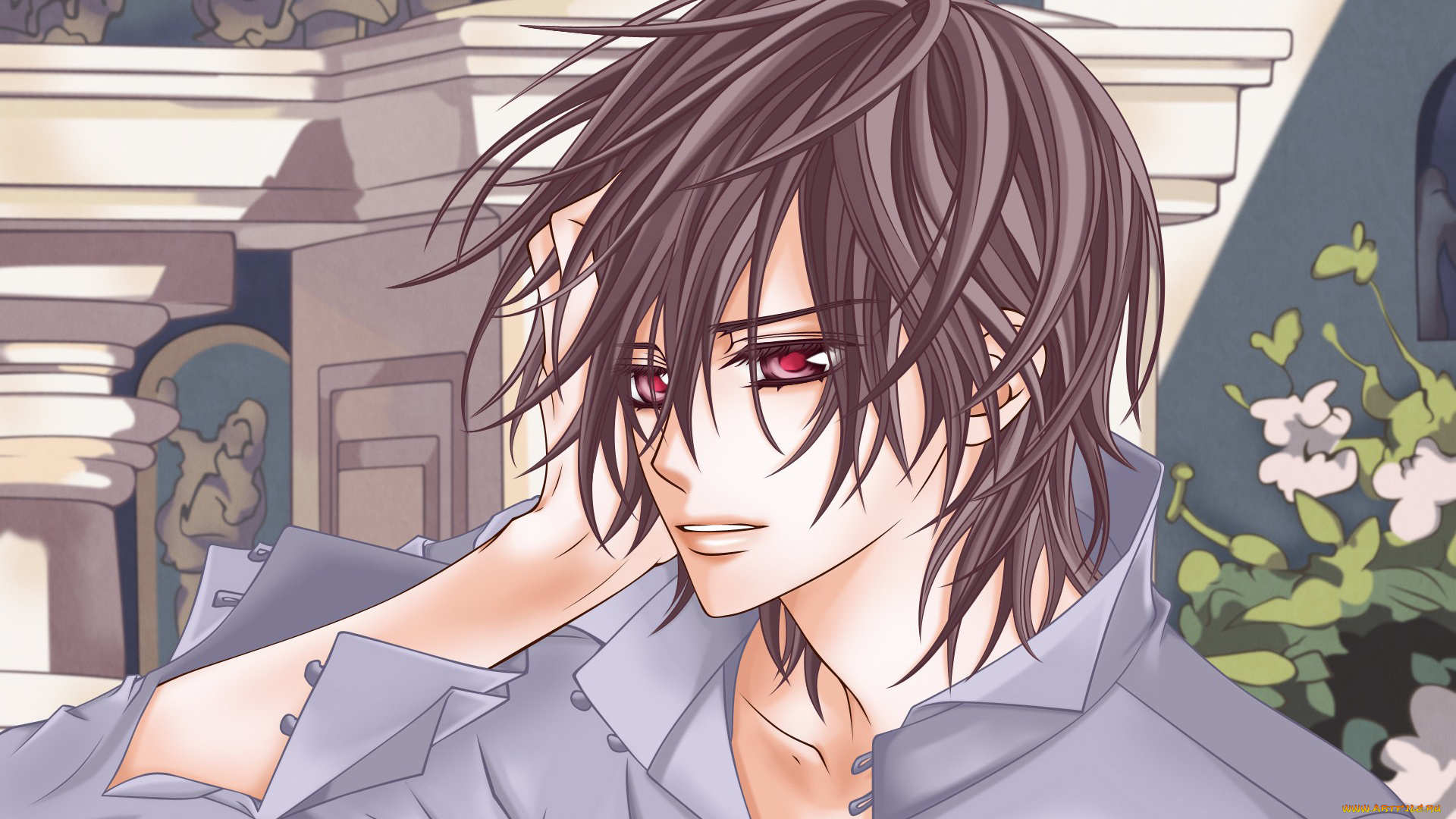 аниме, vampire, knight, kuran, kaname, мужчина, зелень, колонна, архитектура