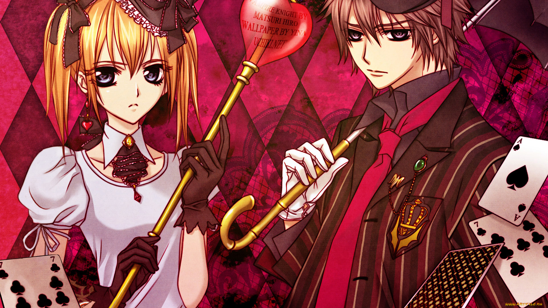 аниме, vampire, knight, touya, rima, shiki, senri, девушка, мужчина, жезл, зонтик, игральные, карты, шляпа, ленты, перчатки