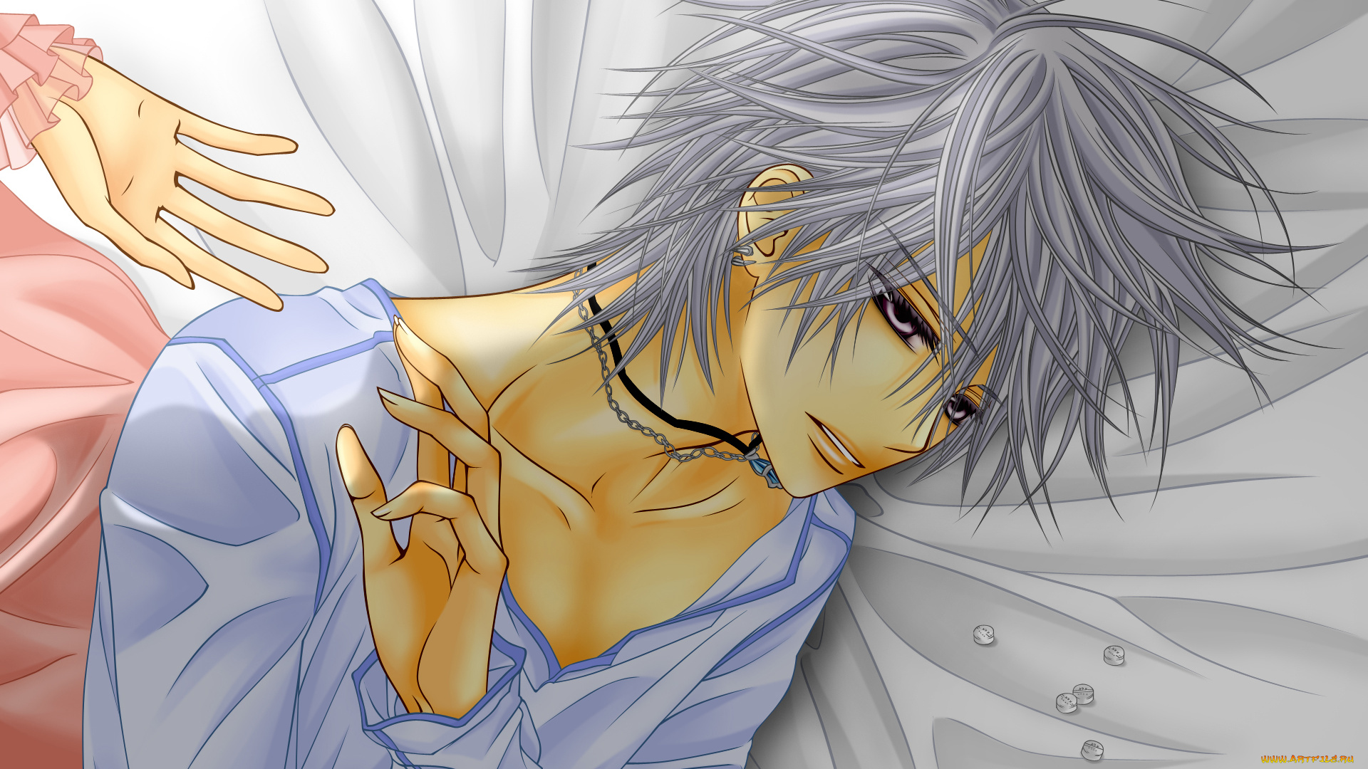 аниме, vampire, knight, yuuki, cross, kiryu, zero, рука, мужчина, таблетки, кровать, цепочка, кулон