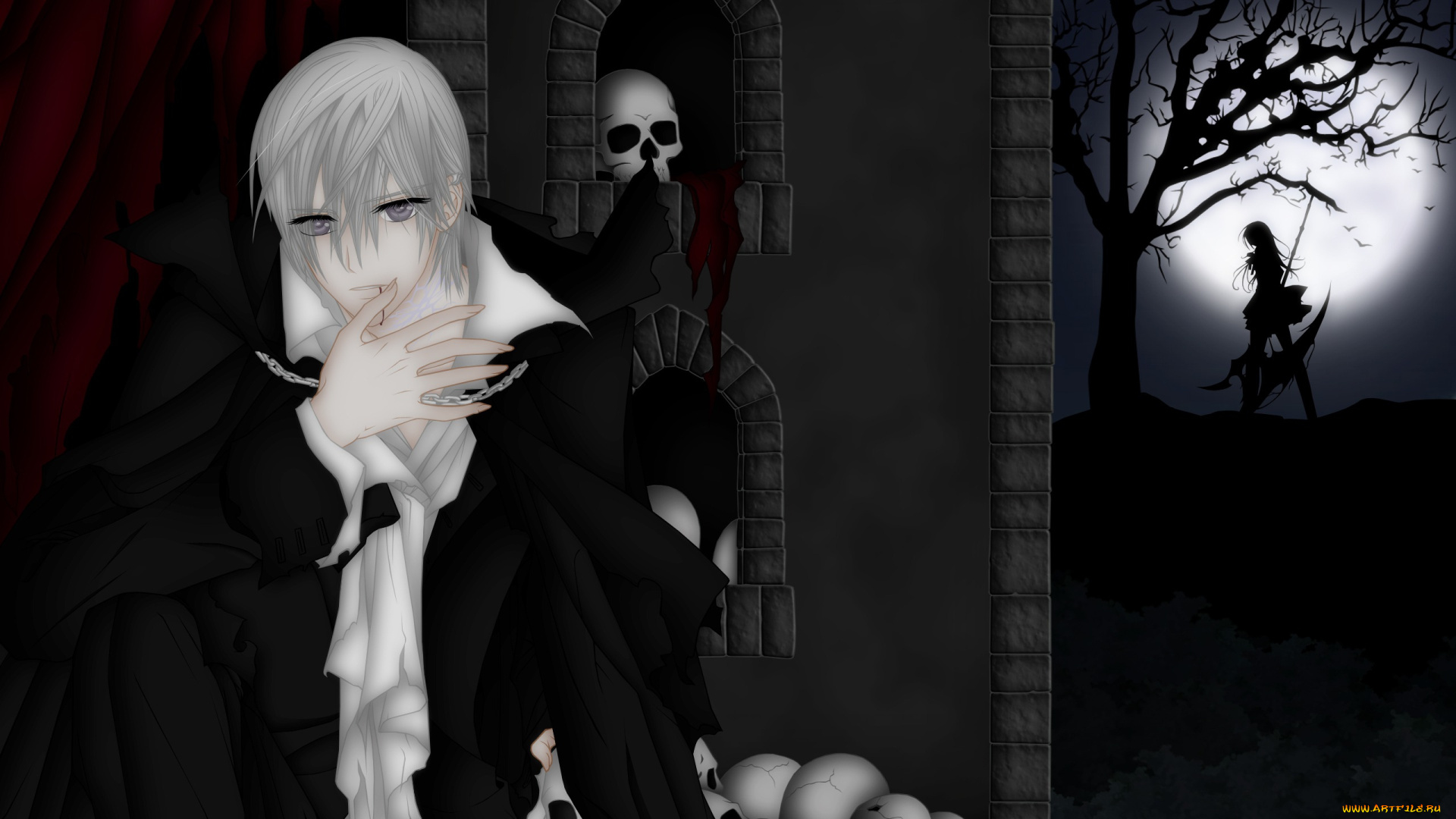 аниме, vampire, knight, yuuki, cross, kiryu, zero, мужчина, девушка, помещение, шторы, череп, кровь, цепь, плащ, ночь, луна, дерево, силуэт, коса, cilou