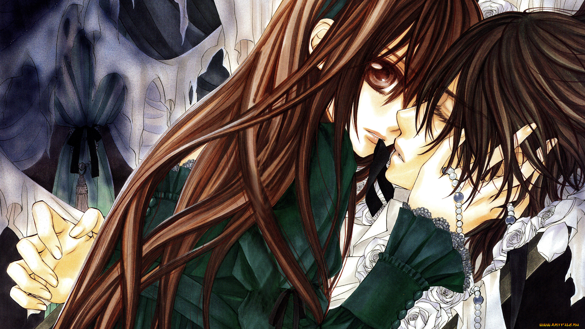 аниме, vampire, knight, yuuki, cross, kuran, kaname, девушка, мужчина, бусы, шторы