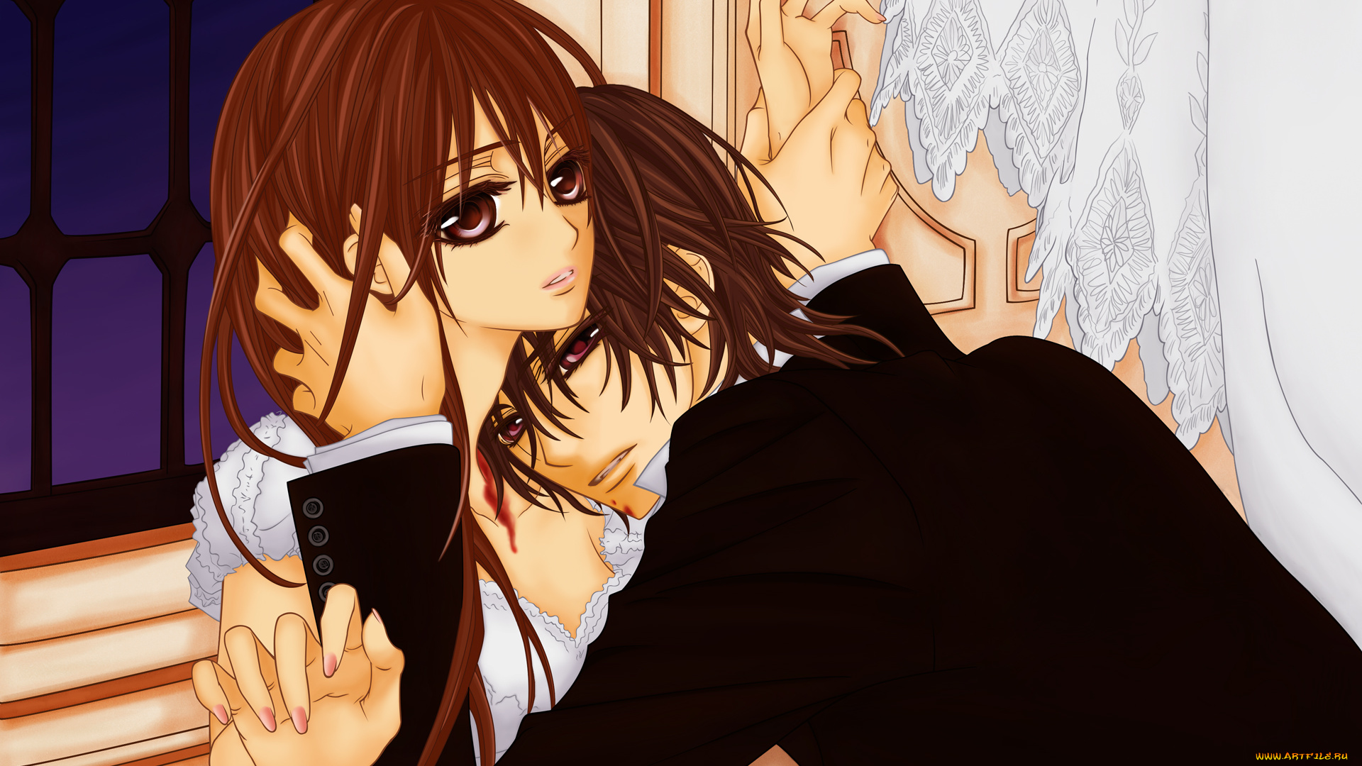 аниме, vampire, knight, yuuki, cross, kuran, kaname, девушка, мужчина, комната, окно, занавески, кровь