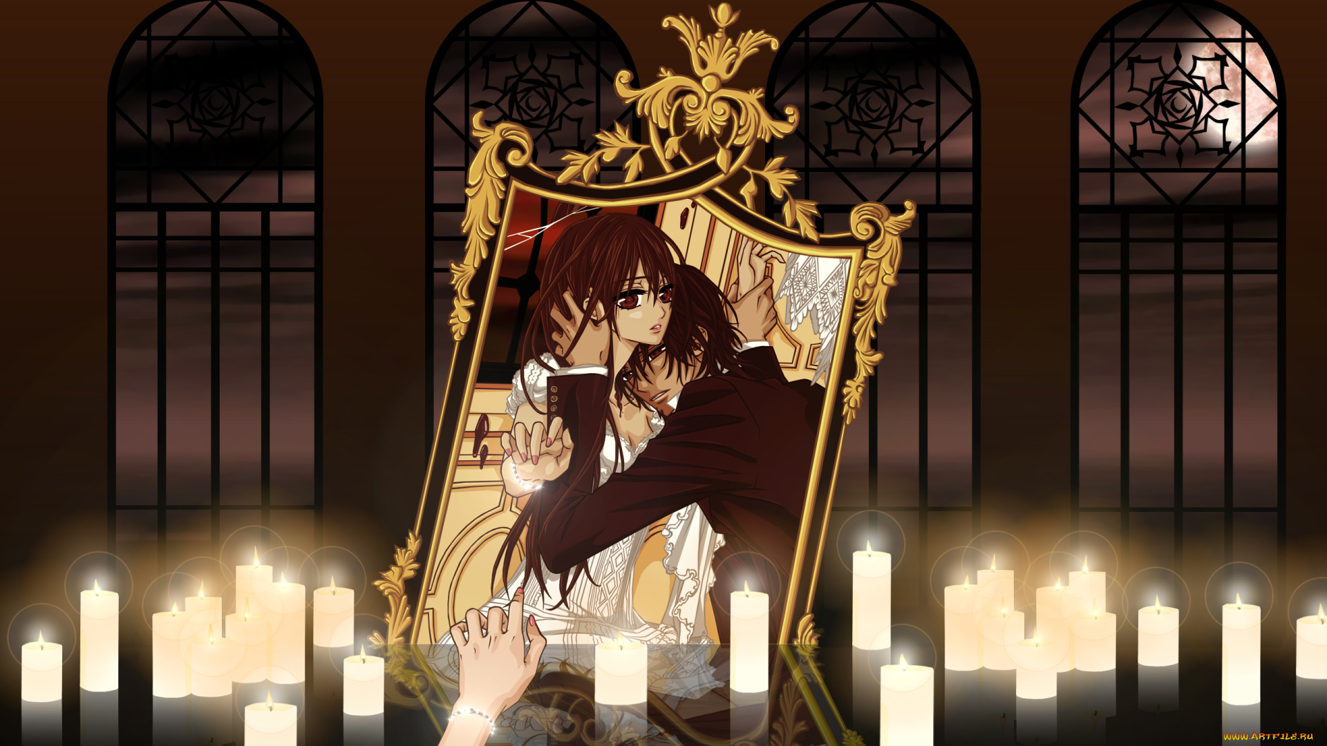 аниме, vampire, knight, yuuki, cross, kuran, kaname, девушка, мужчина, ночь, луна, окно, решетка, свечи, зеркало, cilou, отражение
