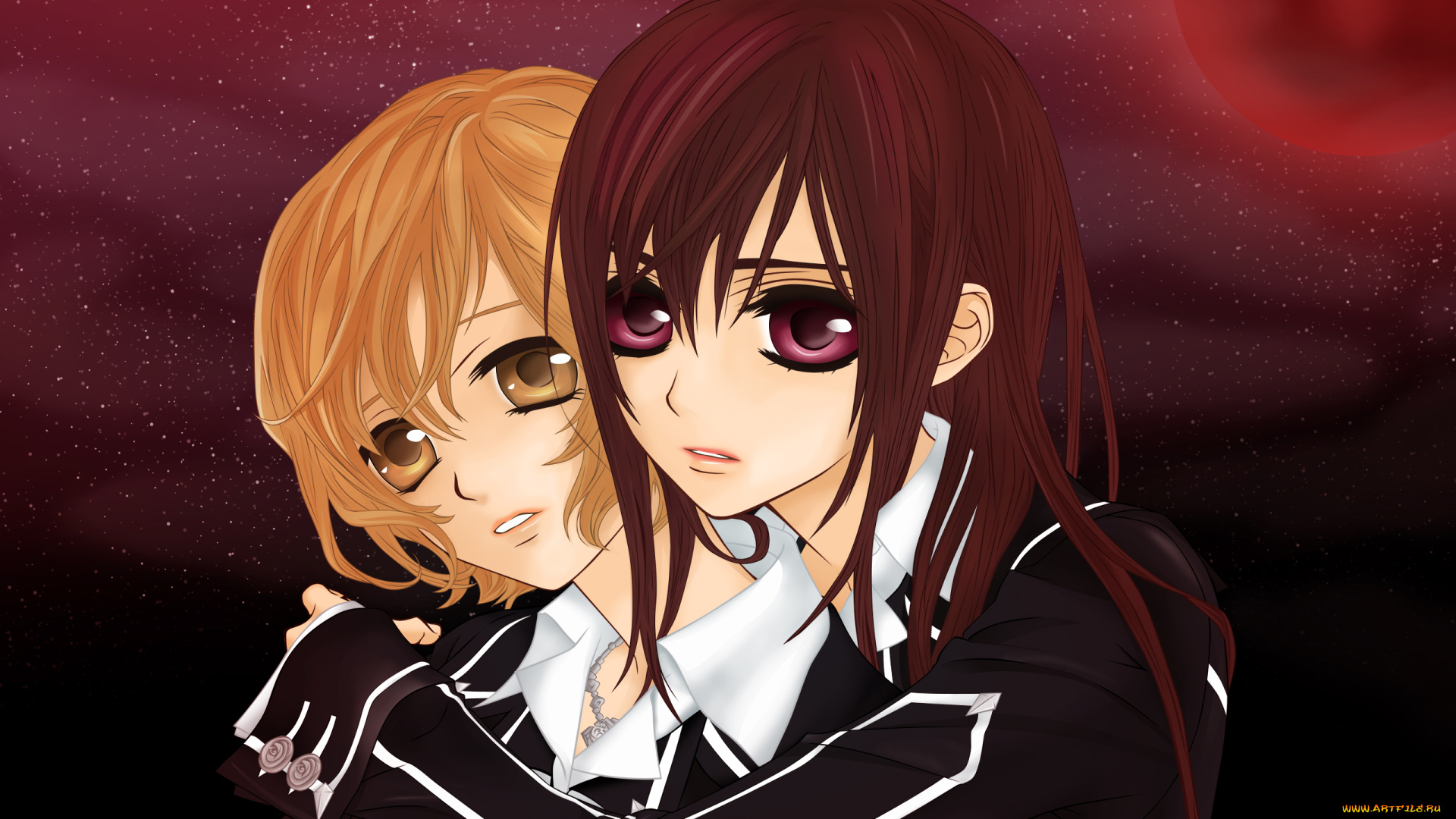 аниме, vampire, knight, yuuki, cross, sayori, wakaba, девушки, красная, луна, небо, звезды, объятия