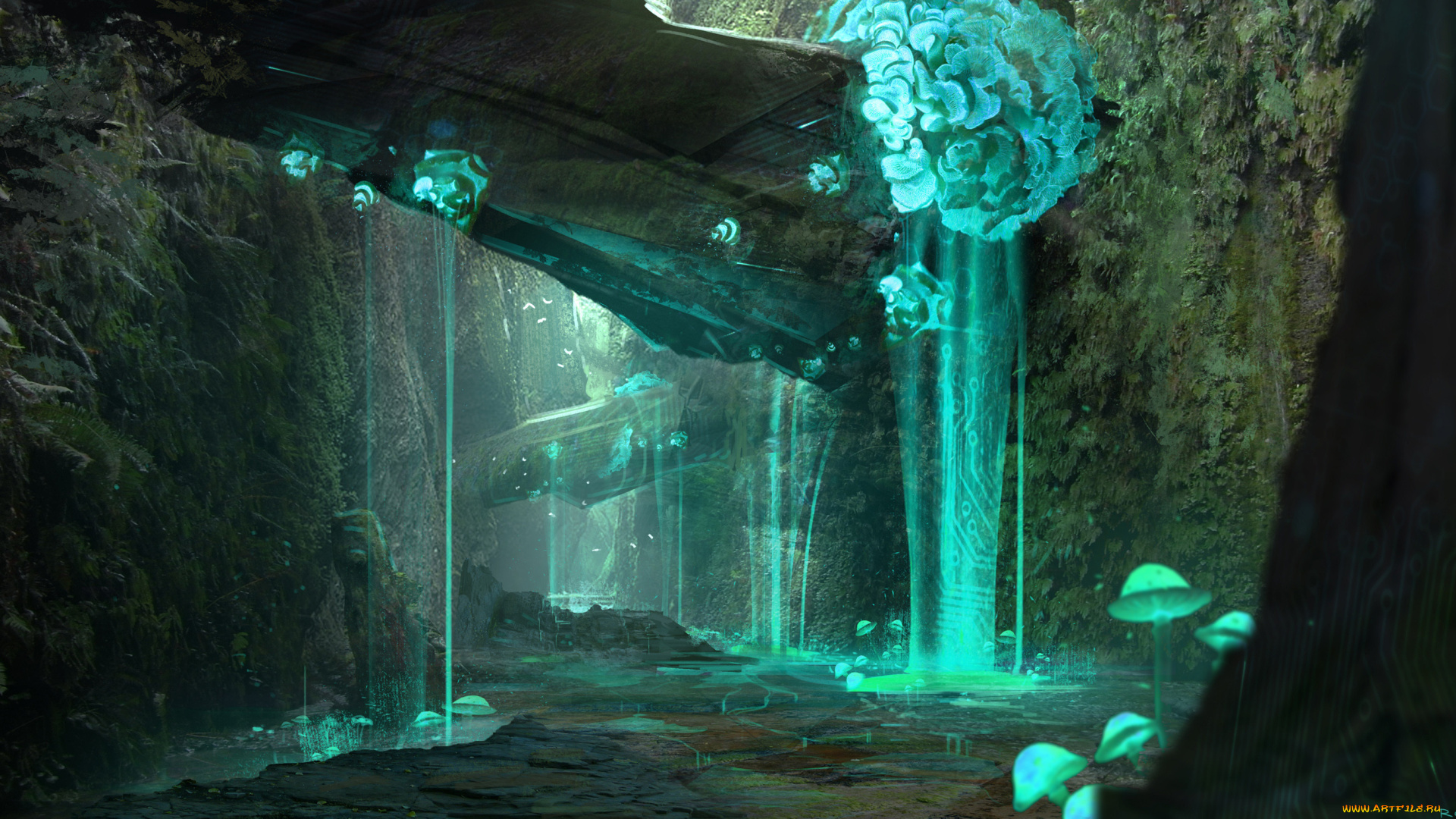 фэнтези, иные, миры, , иные, времена, sci-fi, art, грибы, ущелье, сияние, вода, водопад