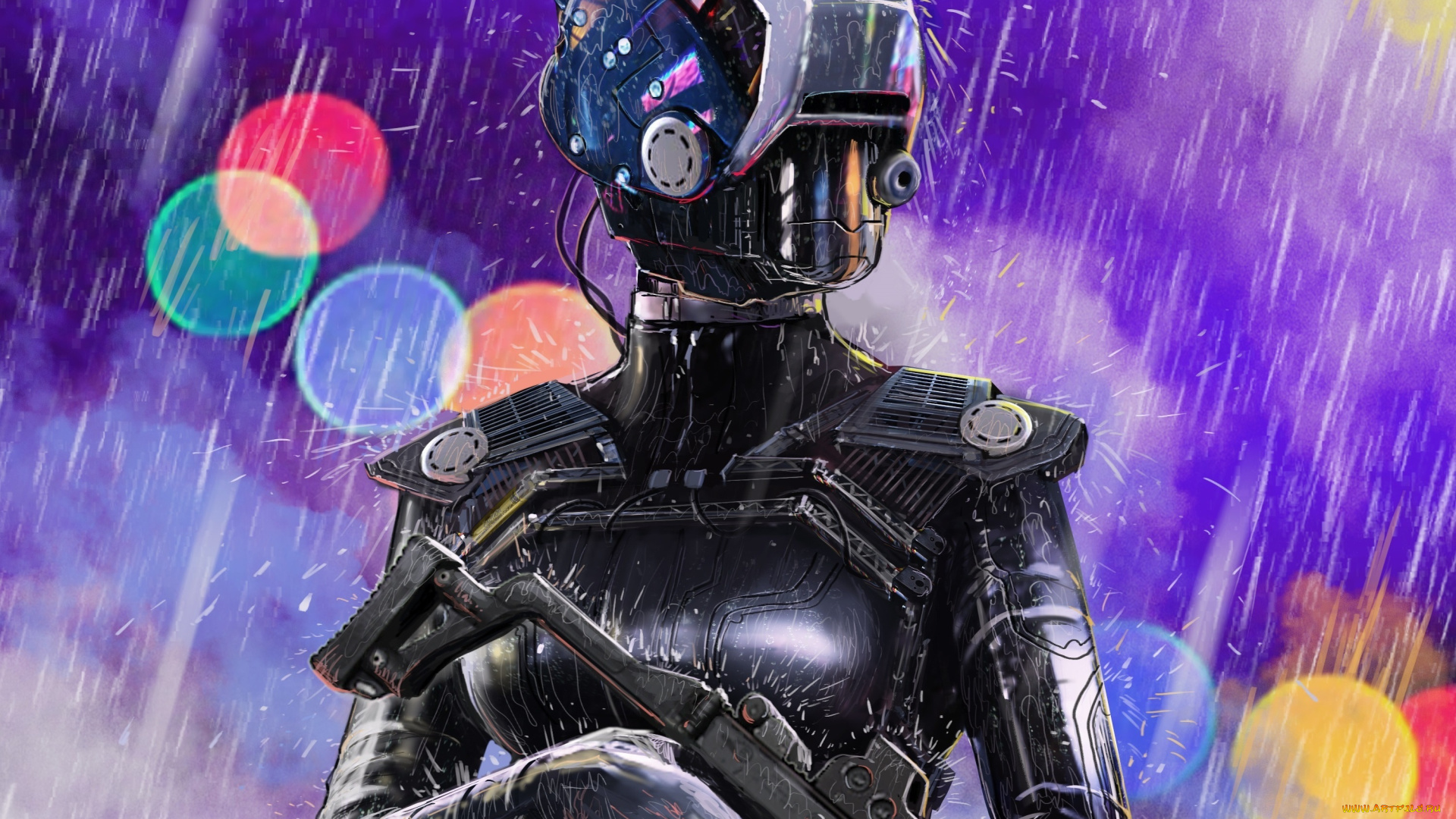 фэнтези, роботы, , киборги, , механизмы, фантастика, sci-fi, арт, броня, шлем, оружие, дождь, огоньки