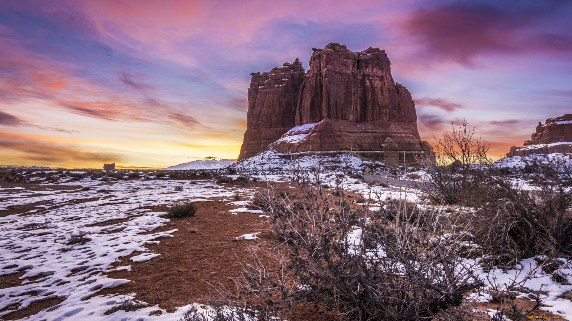 природа, горы, utah, arches, national, park, облака, снег, скалы, национальный, парк, арки, сша, юта