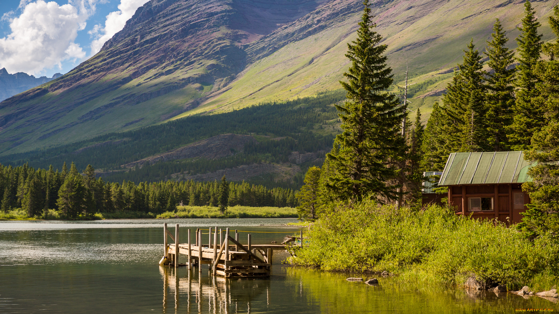 природа, пейзажи, glacier, national, park, hike, lake, мостик, домик, деревья, озеро, горы, небо, сша, montana