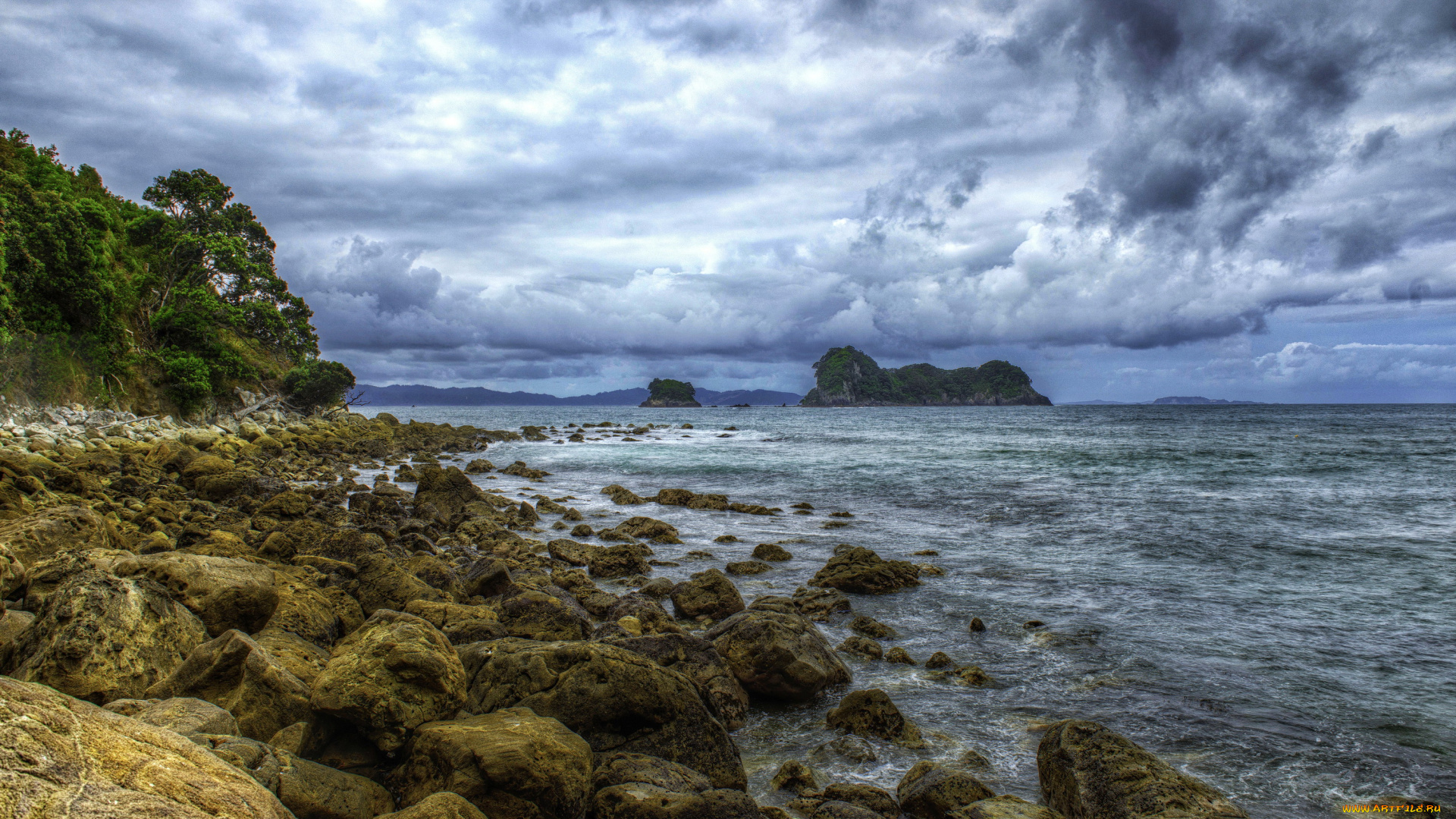 природа, побережье, море, новая, зеландия, облака, небо