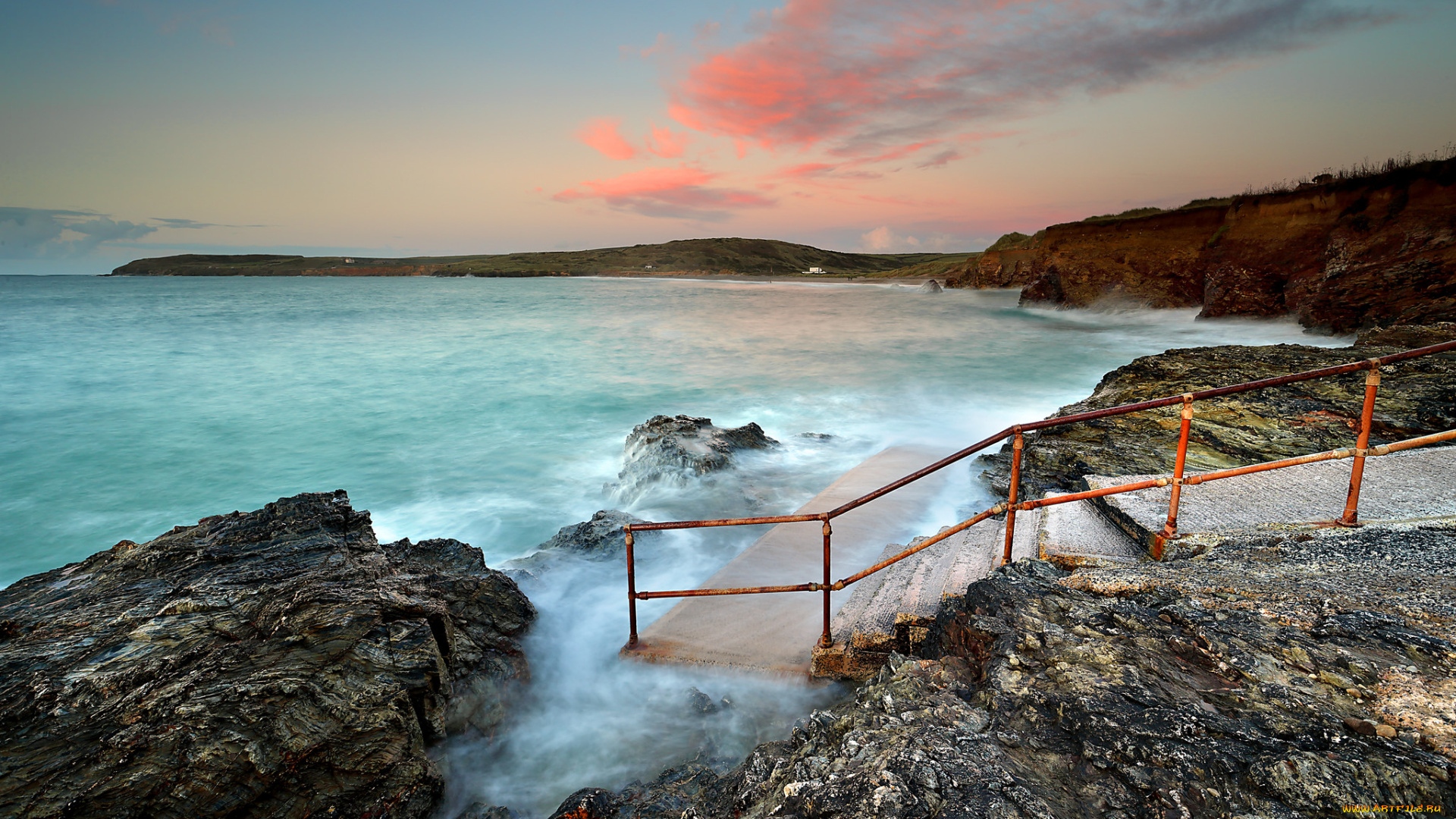 природа, побережье, океан, скалы, лестница