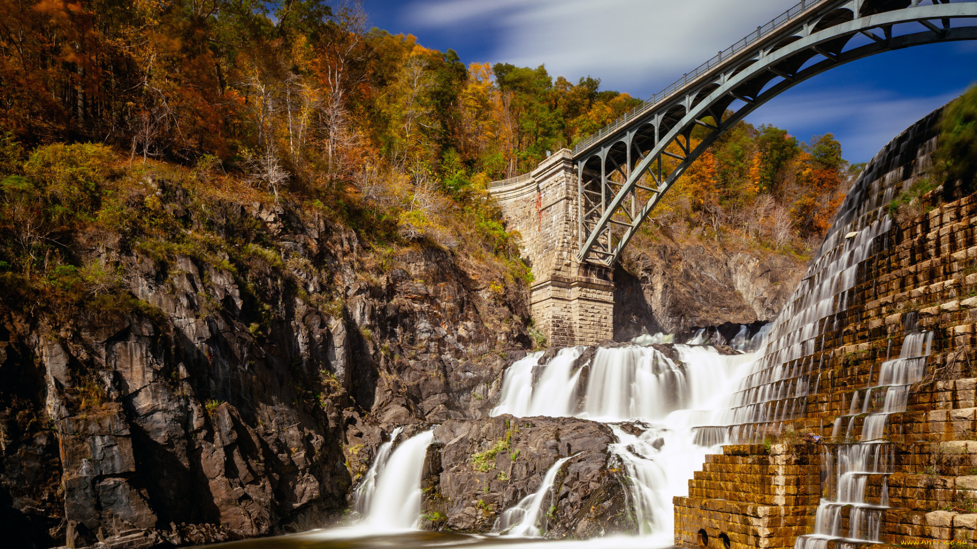 природа, водопады, водопад, мост, река, лес, скалы, ущелье