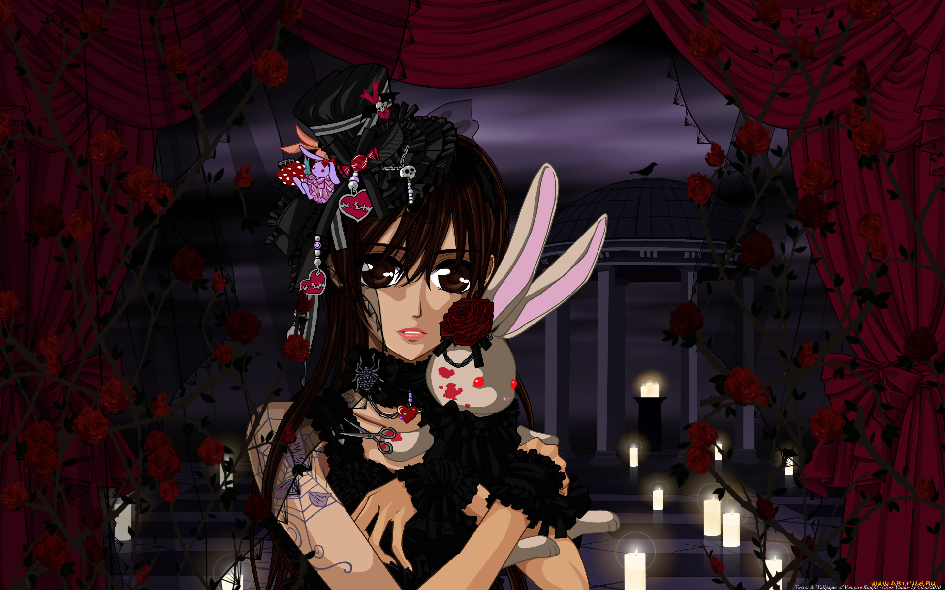 аниме, vampire, knight, cilou, yuuki, cross, девушка, кролик, игрушки, паутина, шляпка, шторы, розы, ветки, свечи, беседка, ворон