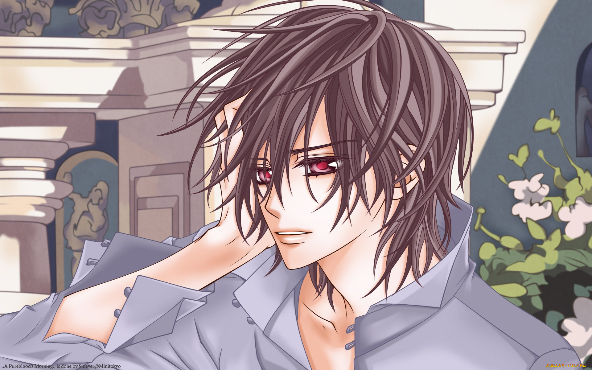 аниме, vampire, knight, kuran, kaname, мужчина, зелень, колонна, архитектура