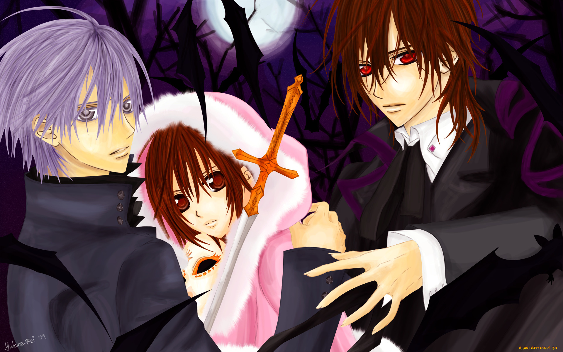 аниме, vampire, knight, yuuki, cross, kiryu, zero, kuran, kaname, девушка, мужчины, ночь, луна, деревья, меч