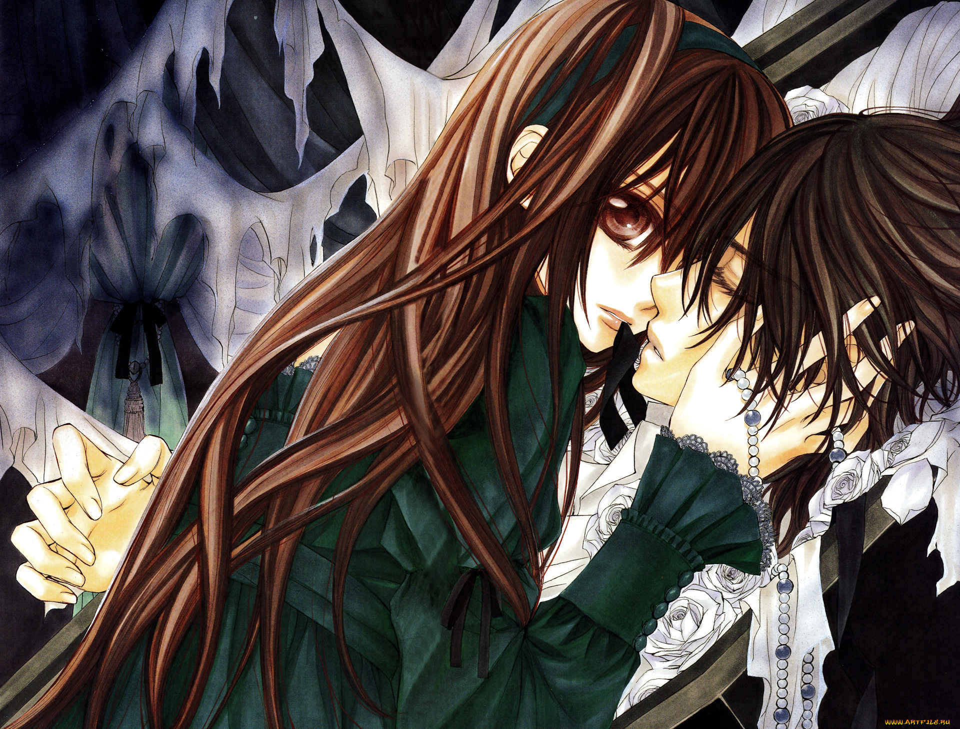 аниме, vampire, knight, yuuki, cross, kuran, kaname, девушка, мужчина, бусы, шторы