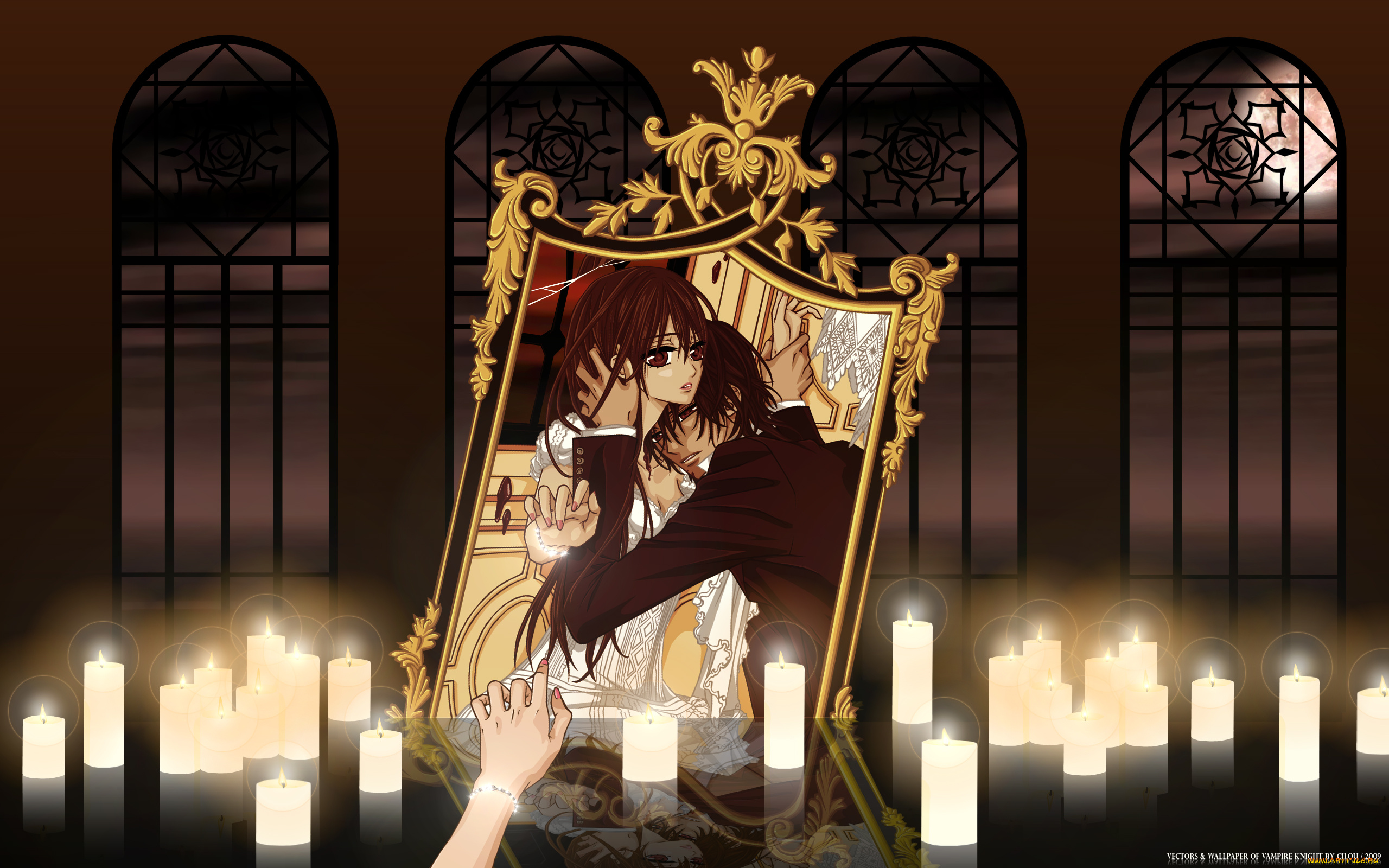 аниме, vampire, knight, yuuki, cross, kuran, kaname, девушка, мужчина, ночь, луна, окно, решетка, свечи, зеркало, cilou, отражение