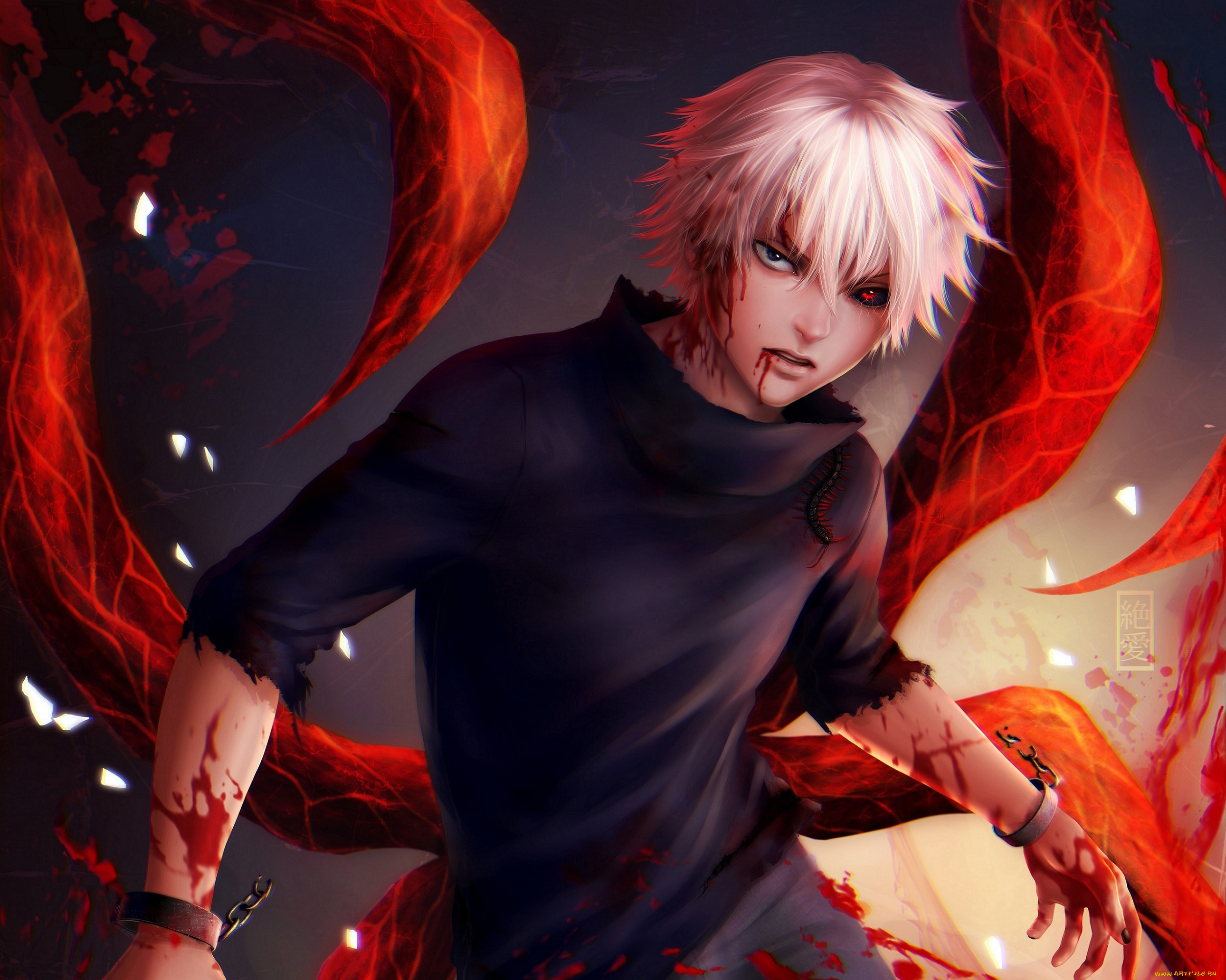 аниме, tokyo, ghoul, коготь, kaneki, ken, tokyo, ghoul, сороконожка, кровь, наручники, глаз, парень, взгляд, zetsuai89, art