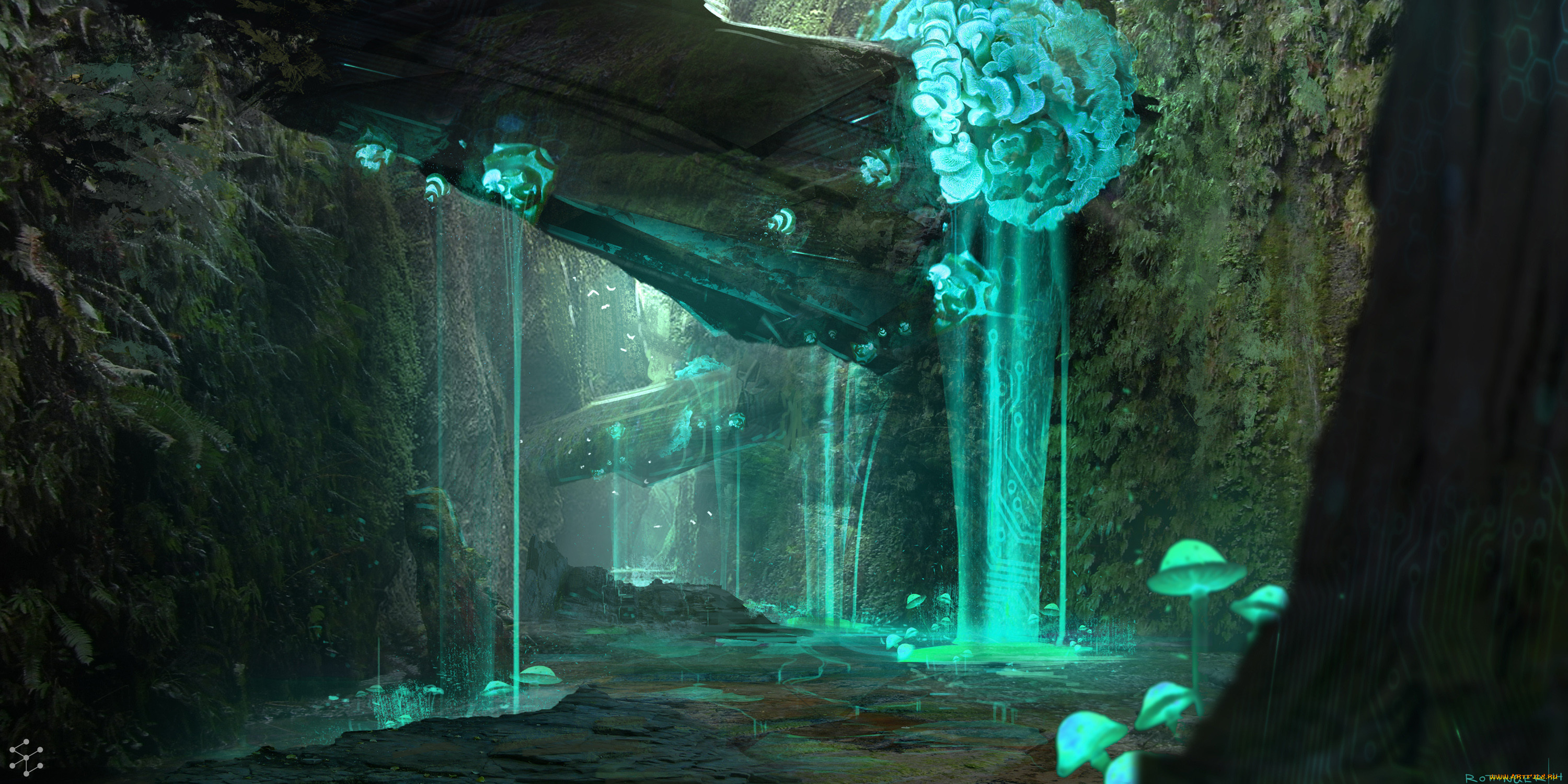 фэнтези, иные, миры, , иные, времена, sci-fi, art, грибы, ущелье, сияние, вода, водопад