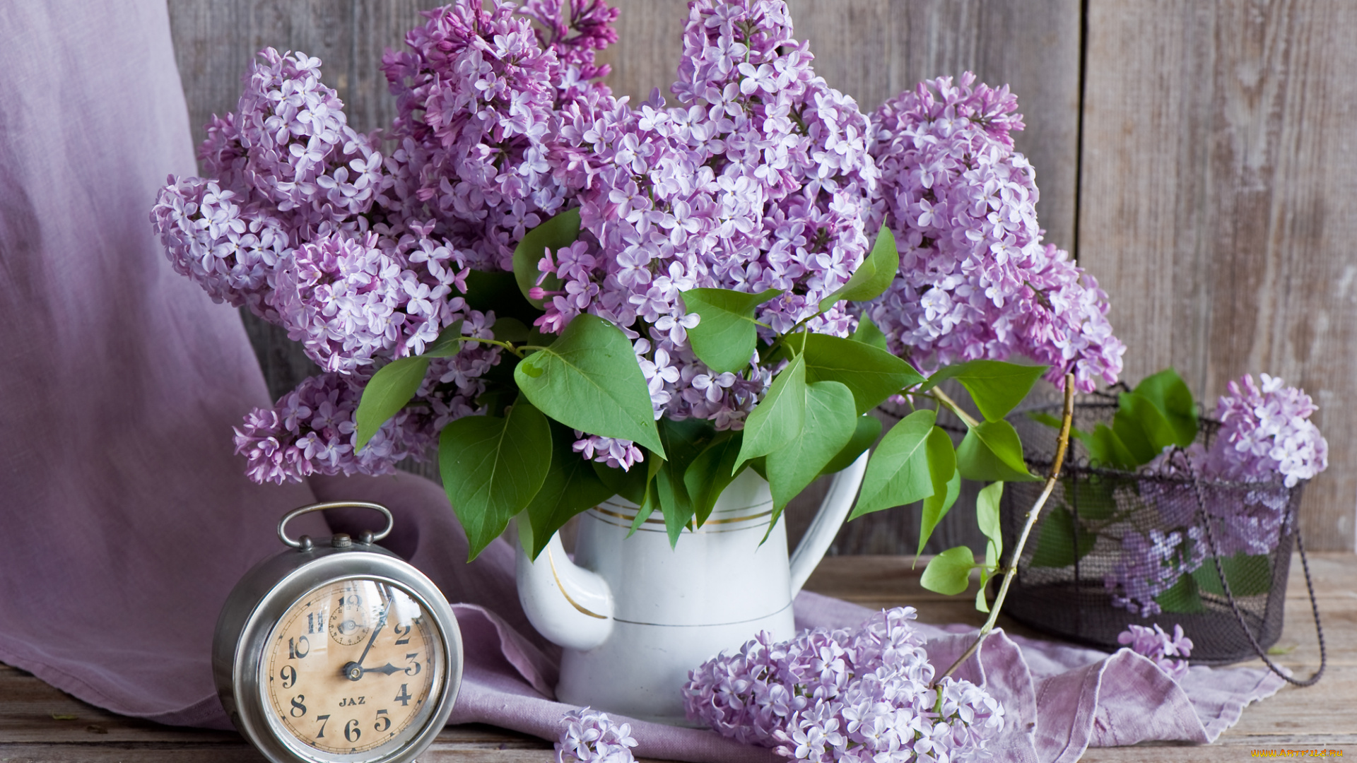 цветы, сирень, часы, букет