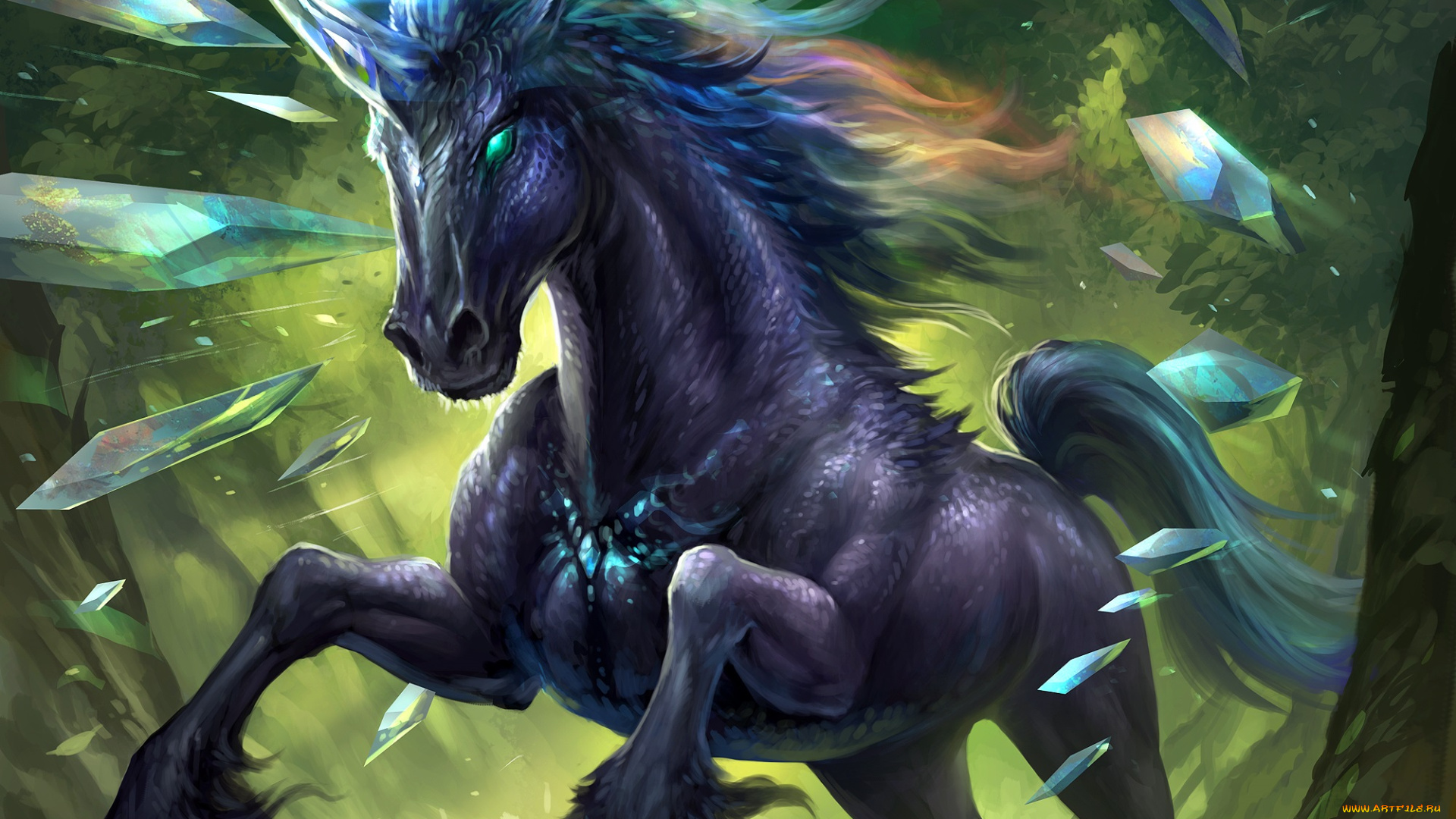 фэнтези, единороги, кристаллы, единорог, конь, арт