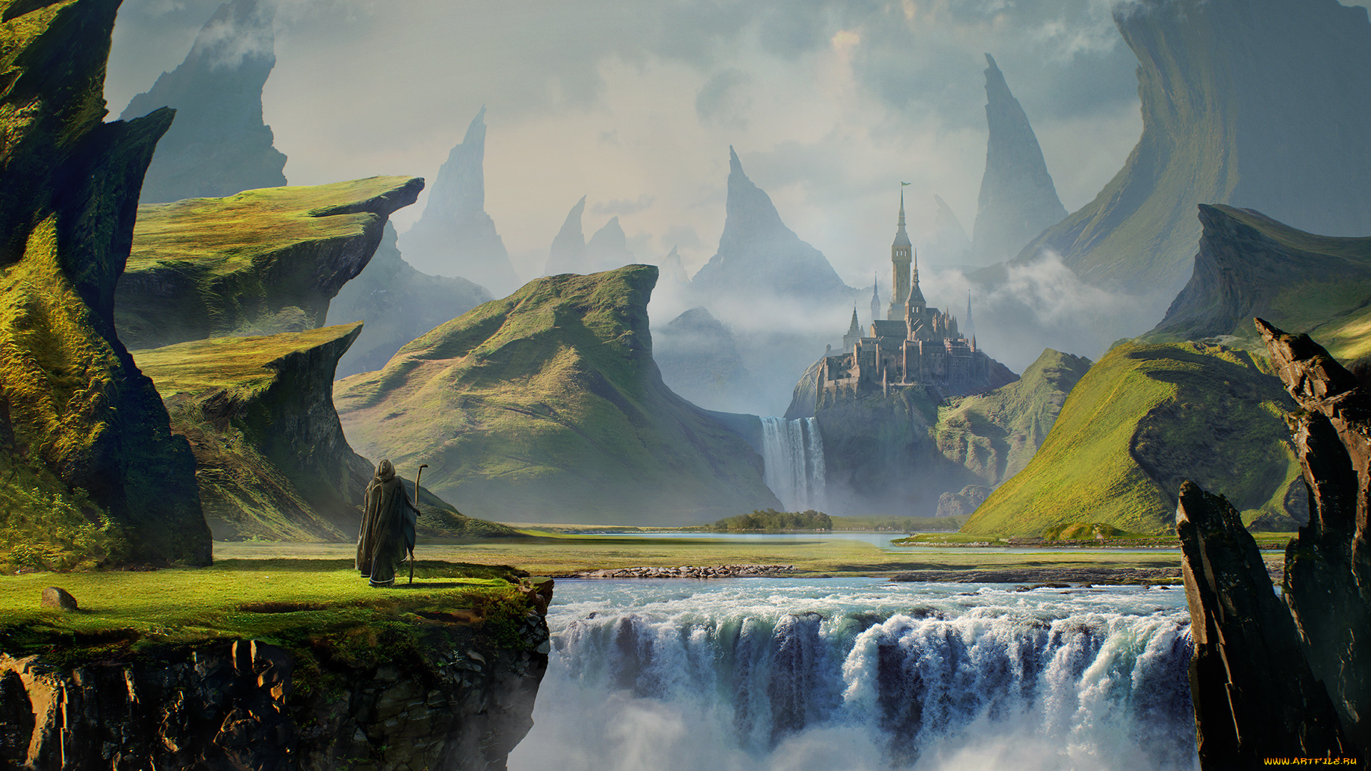 фэнтези, фотоарт, замок, горы, водопад, пилигрим, странник
