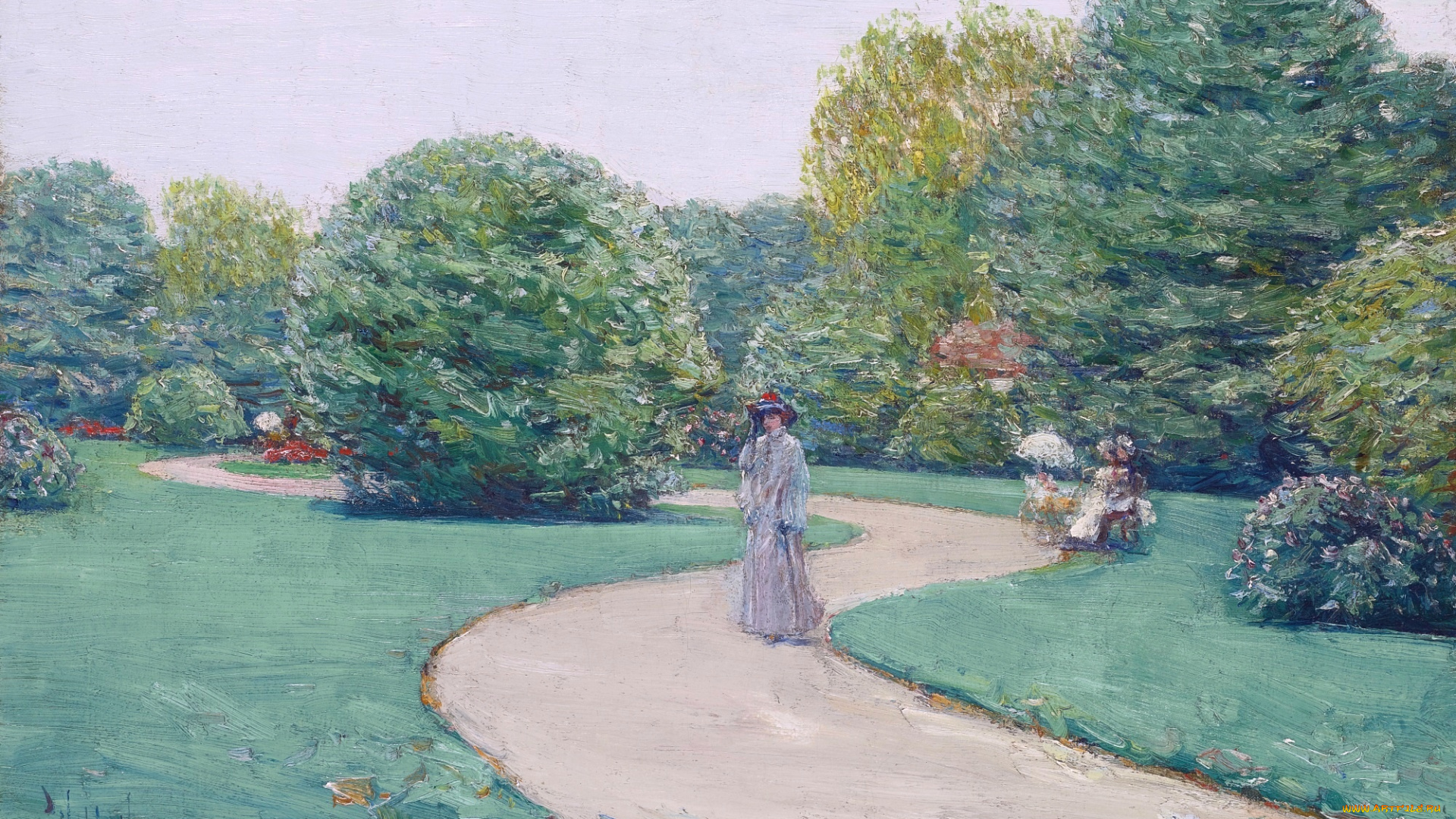 park, monceau, paris, рисованное, frederick, childe, hassam, дама, дорожка, трава, кусты, деревья, парк
