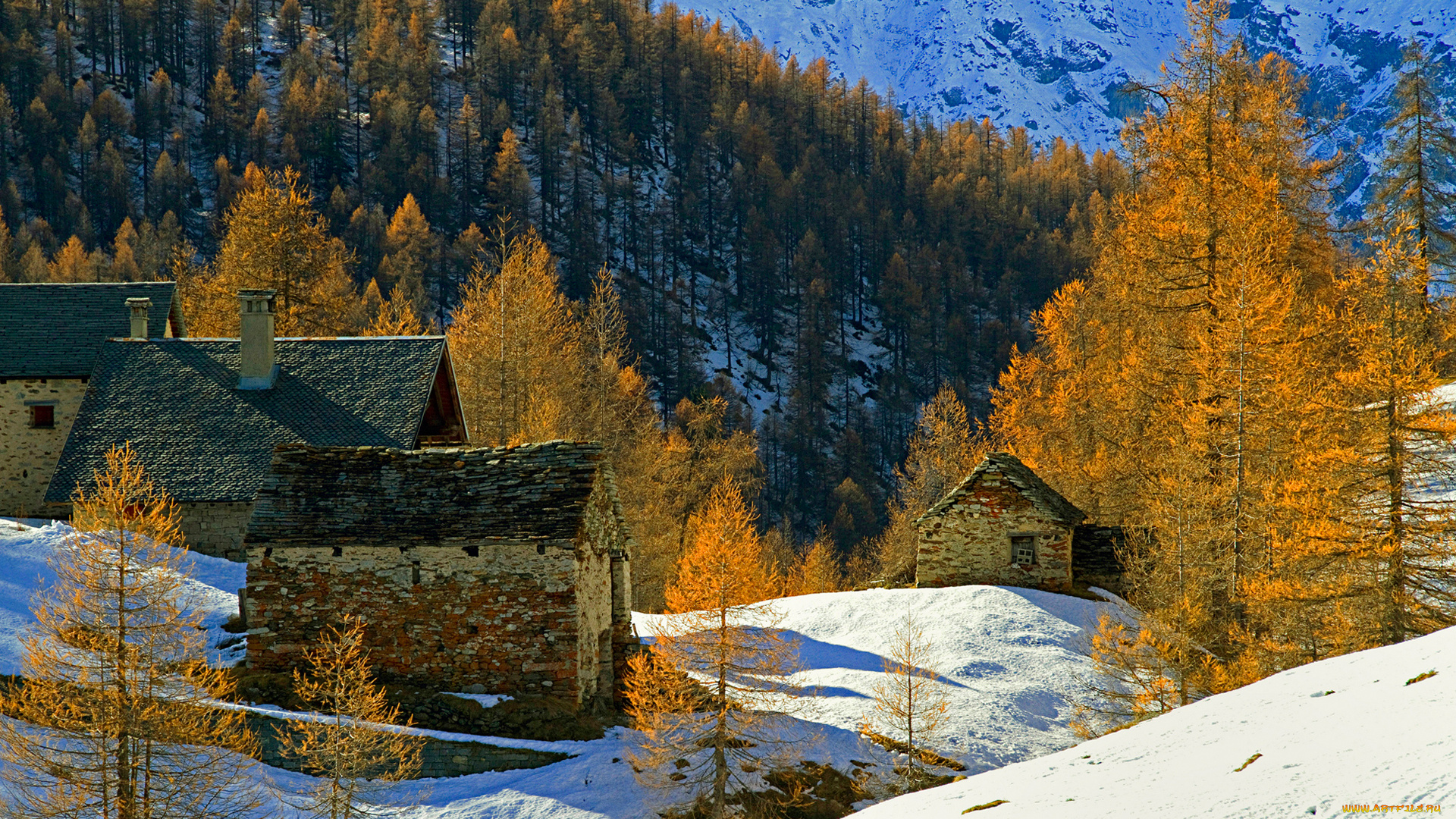 разное, развалины, , руины, , металлолом, осень, деревья, снег, дома, горы